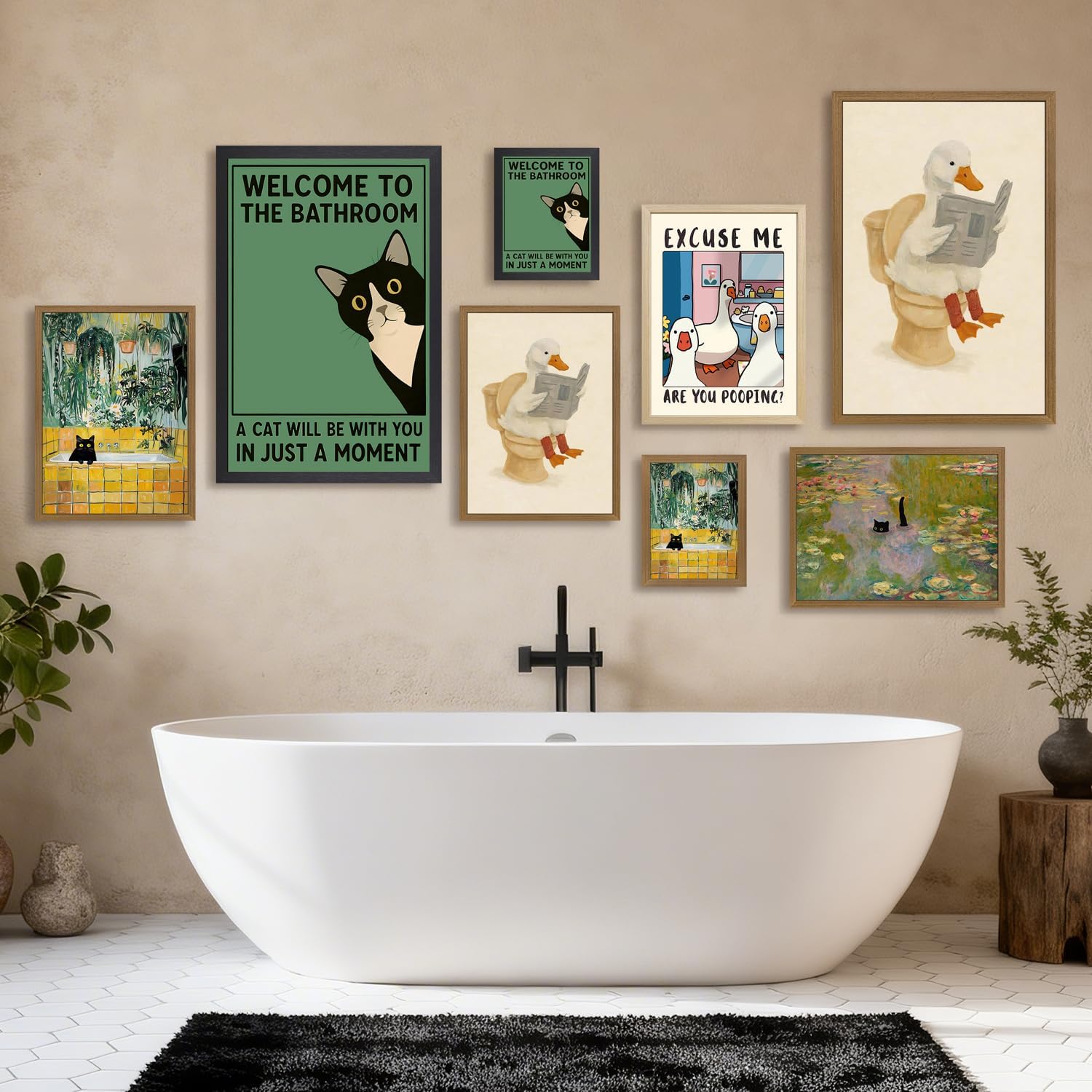 Grajoy Wood Framed Funny Bathroom Wall Art, Retro Claude Monet Canvas Painting, Vintage Humor Black Cat Poster Print, Impressionism Botanical Landscape Wall Decor for Living Room Bedroom 12x16 Inch