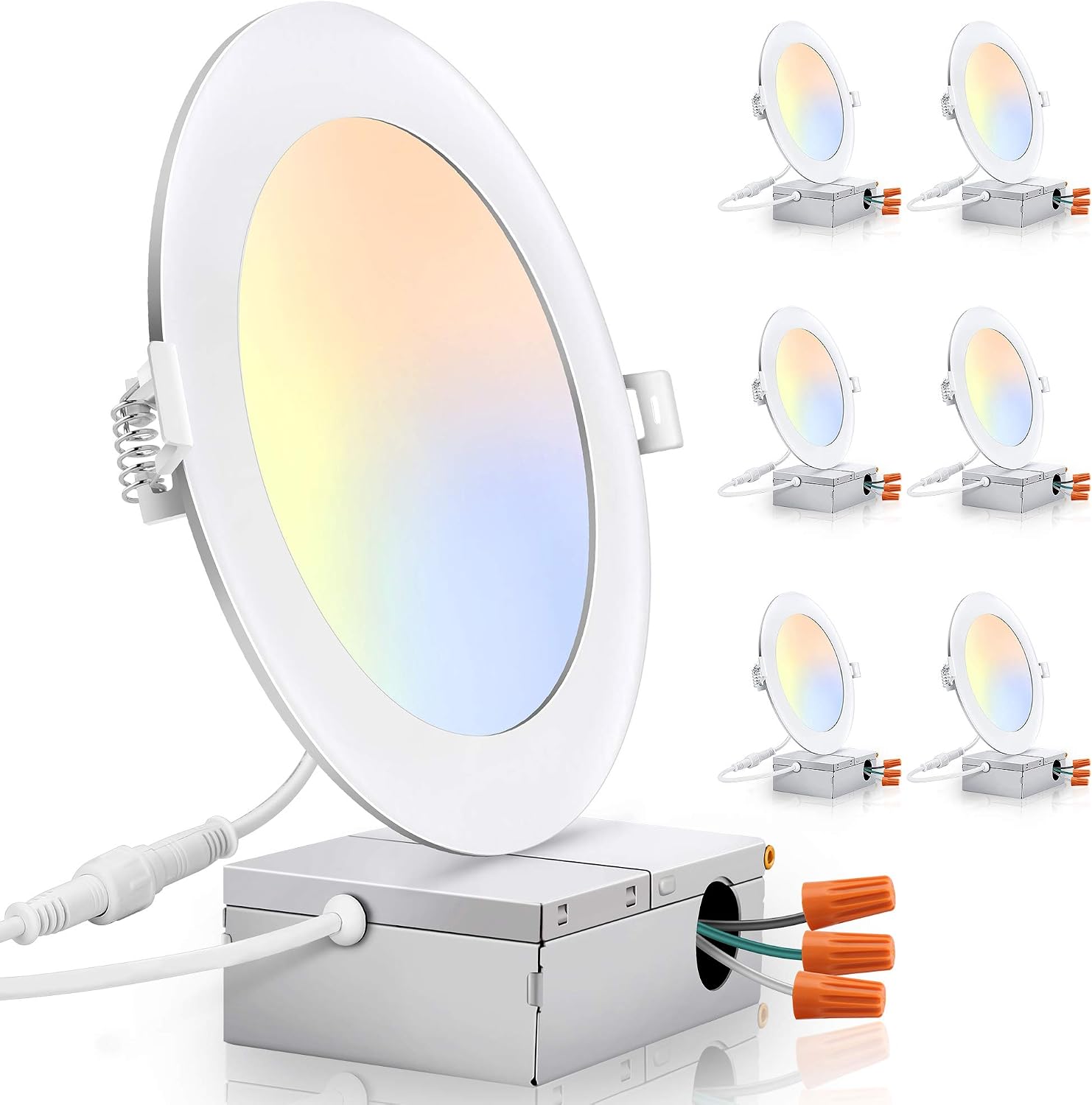 6 Inch 5CCT Ultra-Thin LED Recessed Ceiling Light with Junction Box, 2700K-5000K Selectable, 15W Eqv 150W, 1400LM High Brightness, Dimmable Canless LED Downlight Slim Recessed Lighting, 6 Pack