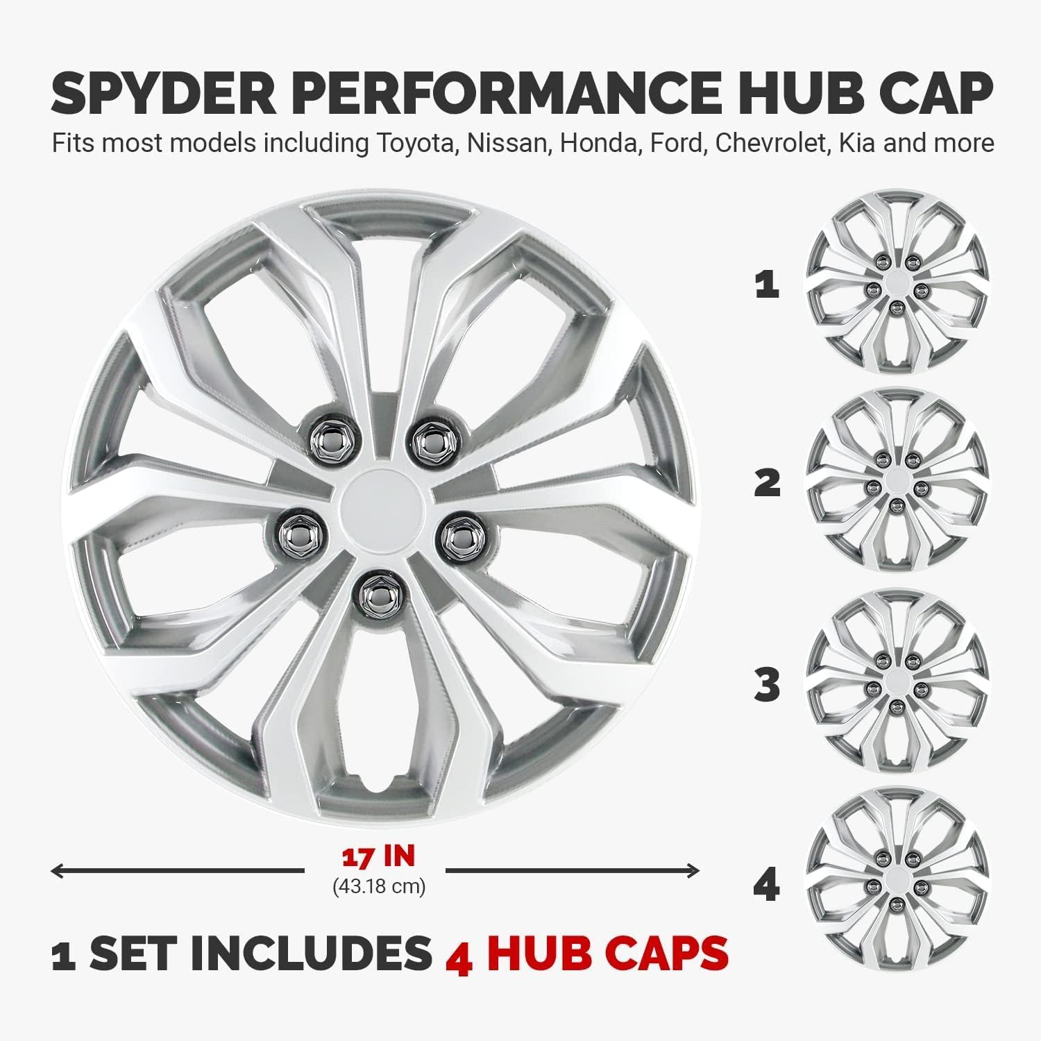 Pilot Automotive WH553-17S-S 17 Inch Spyder Silver Hubcap Wheel Covers for Cars - Set of 4 - Fits Most Cars