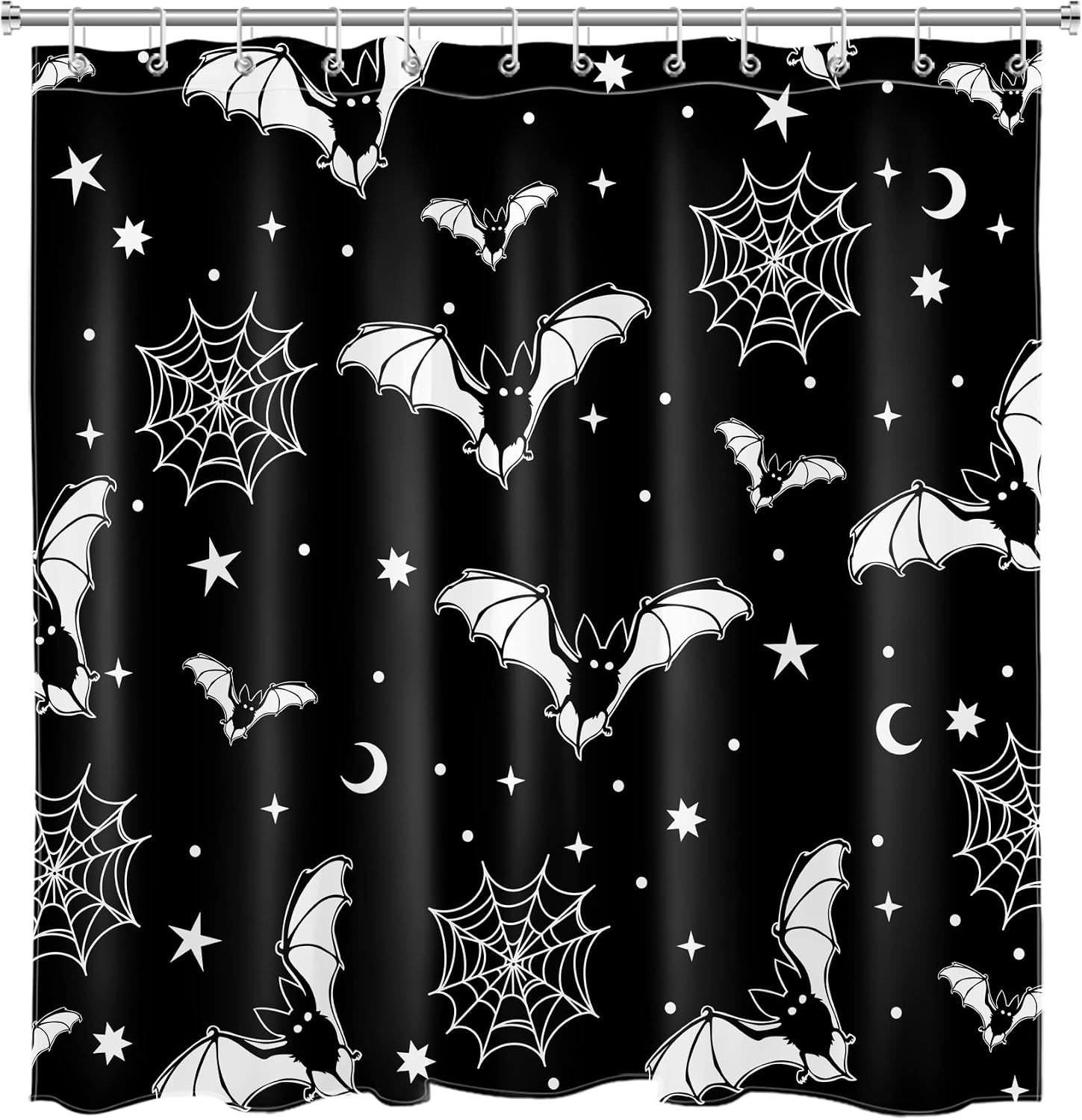 HVEST Scary Halloween Shower Curtain and Bathroom Rugs, Black and White Spider Webs and Bat Spooky Shower Curtain with Bath Mat, 70X70 inches Stars and Moon Horror Bathroom Shower Curtain Set