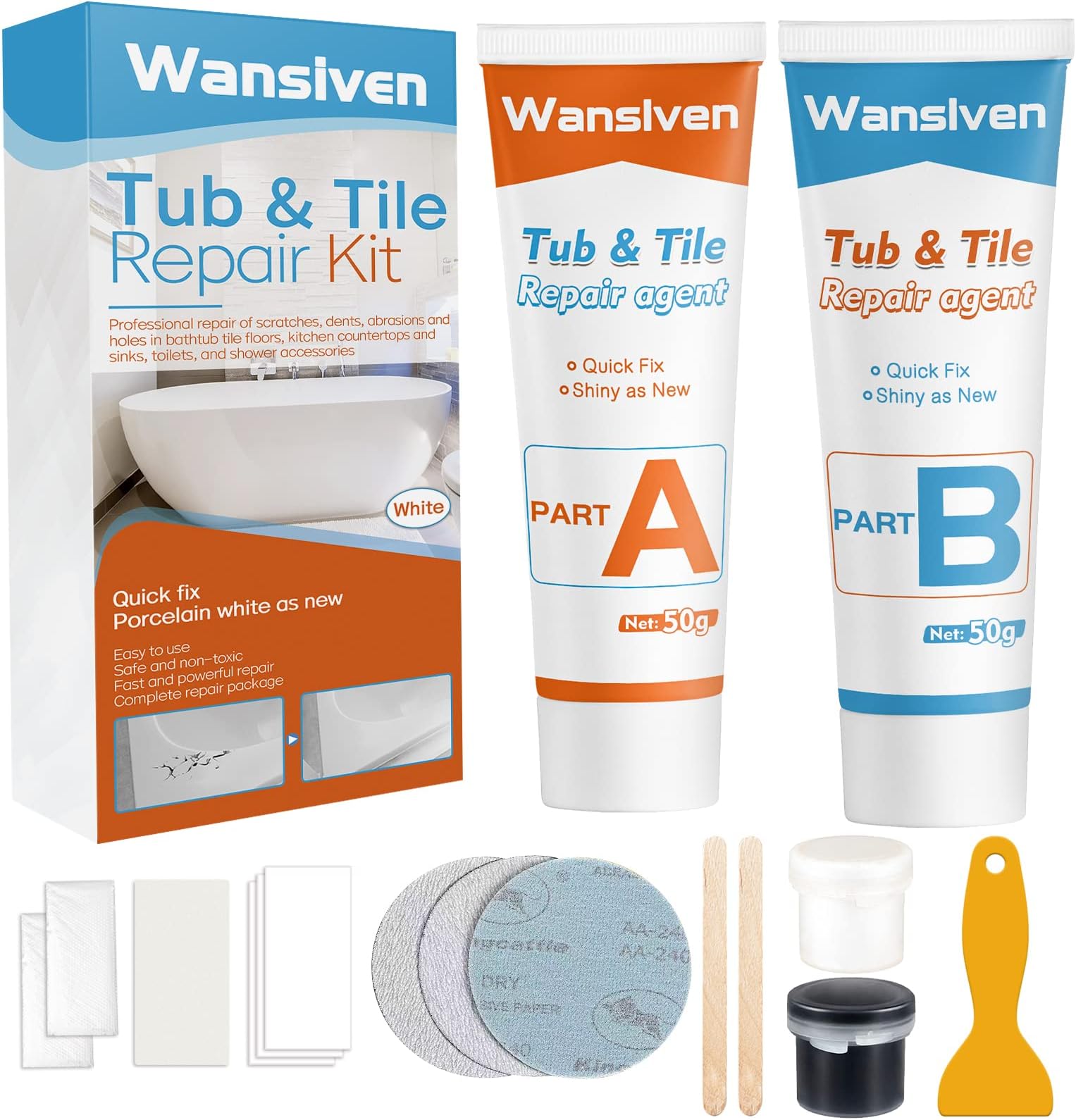 Wansiven Bathtub Repair Kit - Enamel Tub, Tile and Shower Tray Refinishing Kit for Scratches, Holes, Cracks - Waterproof Sink Repair