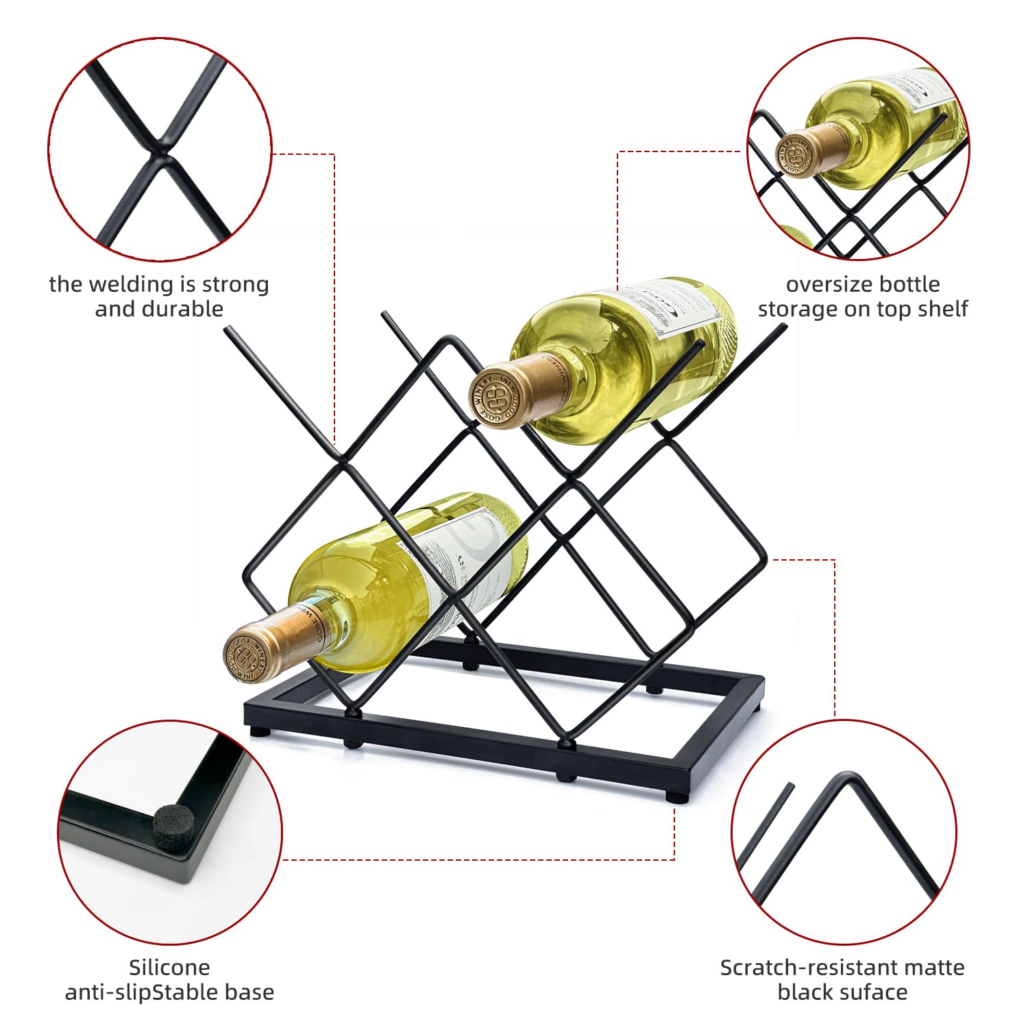 Estantes de vino pequeños para encimera (capacidad de 5 botellas), soporte de metal para botellas de vino, negro moderno para el hogar, cocina, bar, estante de vino de mesa para gabinete, 5