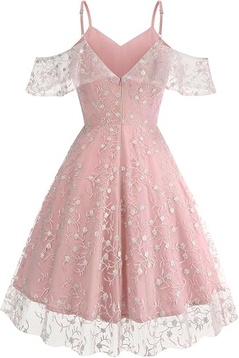 Ruffle Spaghetti Strap Floral Embroidered Dress for Women Flower Wedding Guest Dress Mesh Tulle Prom Tea Party Cocktail Dress