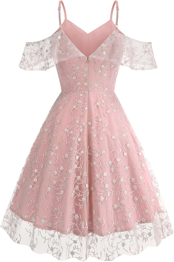 Ruffle Spaghetti Strap Floral Embroidered Dress for Women Flower Wedding Guest Dress Mesh Tulle Prom Tea Party Cocktail Dress