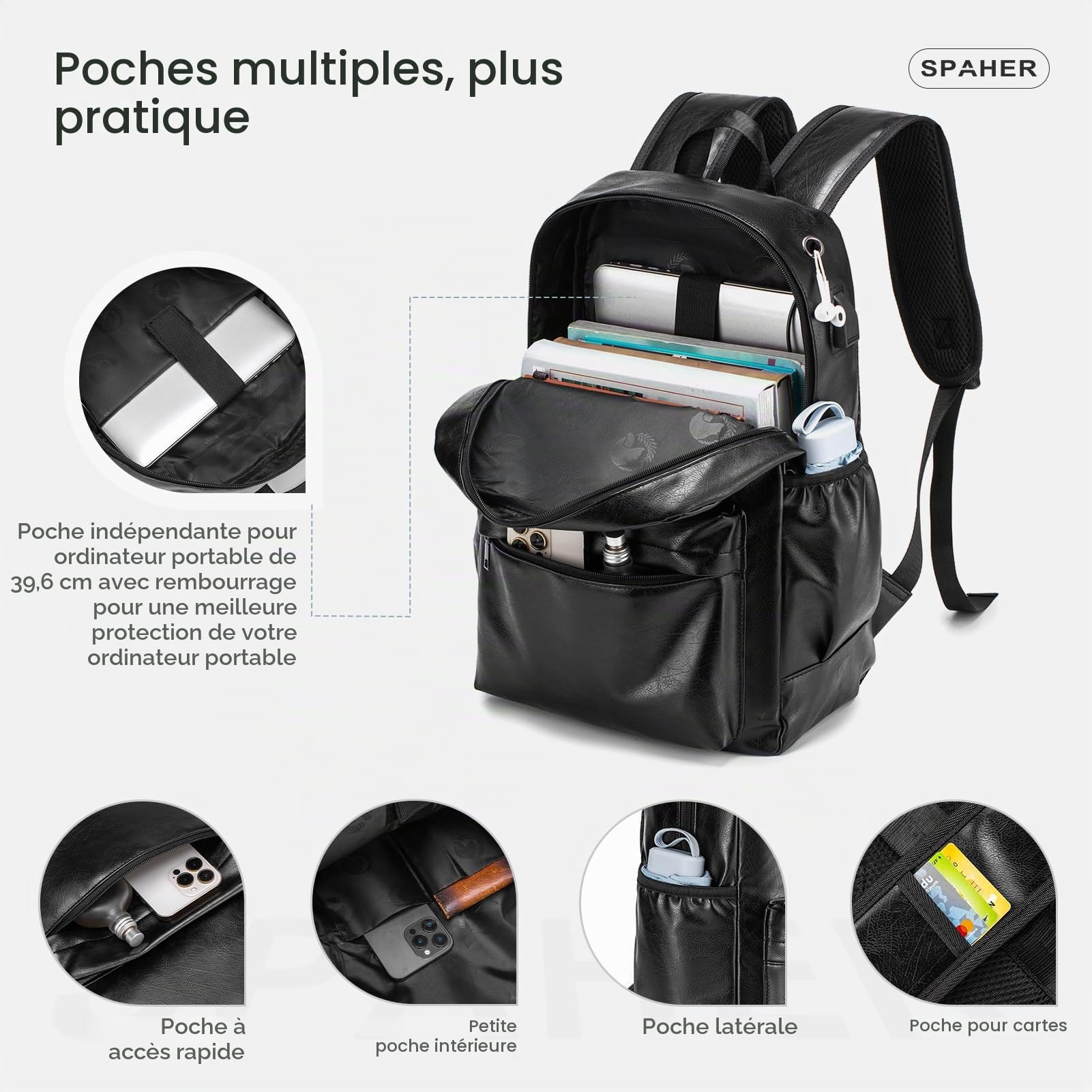 SPAHER Bagage Cabine 40x30x20 Wizzair Vueling 15,6Pouces Sac à Dos en Cuir pour Ordinateur Portable Unisexe Sac d'école Randonnée Voyage Affaires Bagages en Plein air Collège pour Hommes Femmes