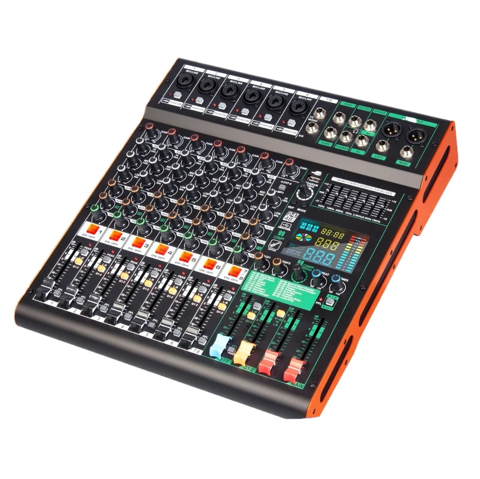 Mezclador de profesional 99 DSP, 8 canales, consola de DJ de doble grupo, alimentación fantasma de 48 V, USB, for escenario, bar y grabación.