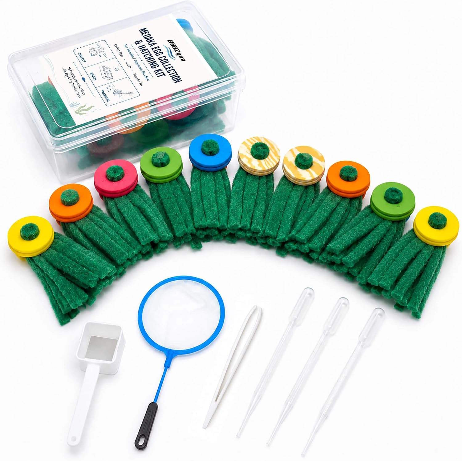 Medaka Spawning Mop Kit, 10 Floating Egg Collectors with Hatch Box | For Japanese ricefish & killifish breeding, with 2 fine mesh fry nets, 3 droppers & egg tweezers, fits tanks, tubs & ponds