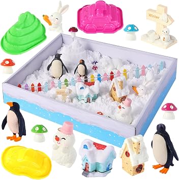 FIIOEOY Snow Sensory Bin Play Sand Art Kit with Arctic Animal Figures, Winter Wonderland Magic Sand Toy for Toddler Ages 3 4 5 6 7 8