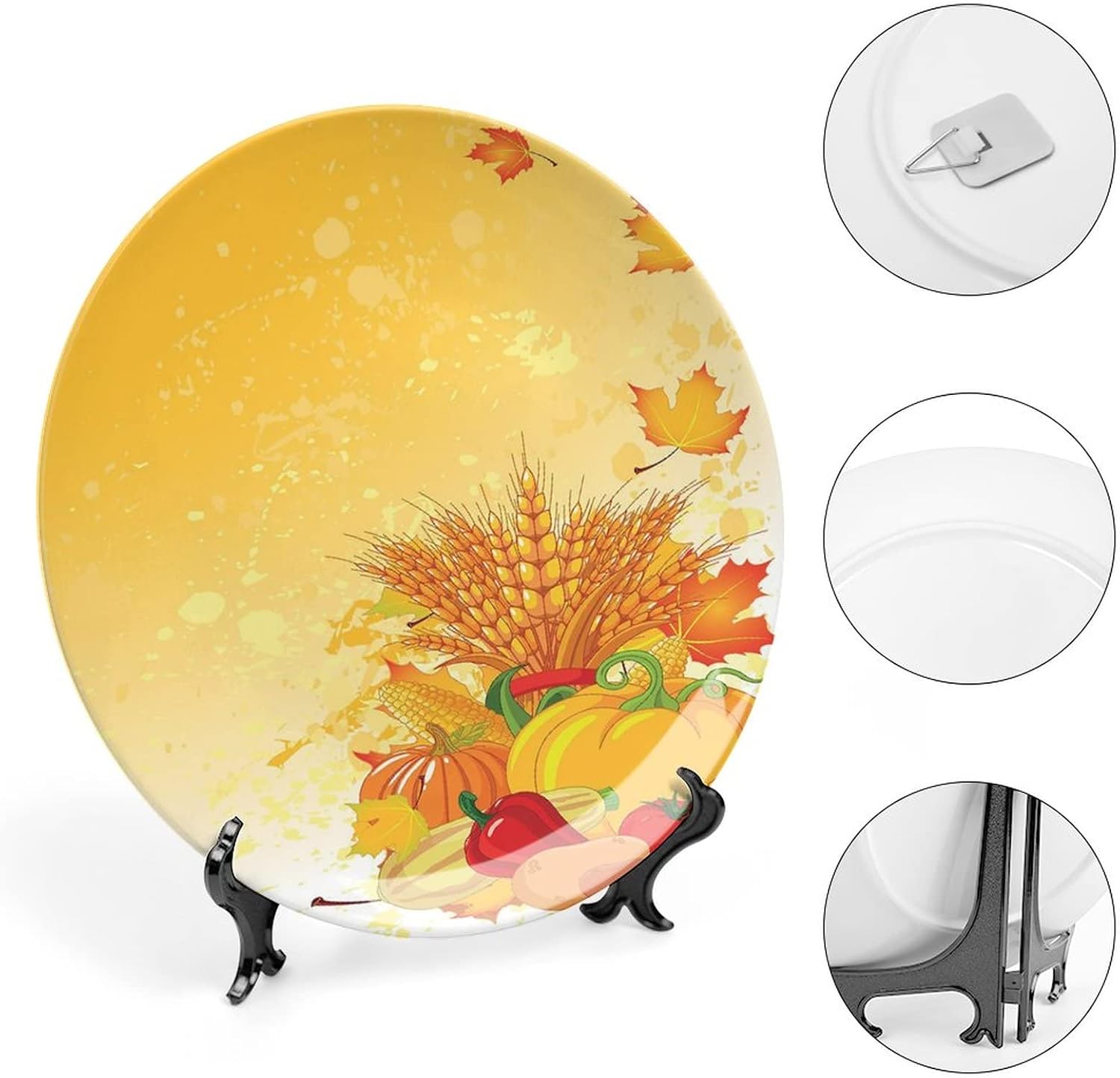 XISUNYA 8 Inch Decorative Plate, Harvest Ceramic Plate, Festive Vegetables Plump Pumpkins Wheat Fall Leaves Print Ceramic Wall Hanging for Home & Office Wall Hanging Decor