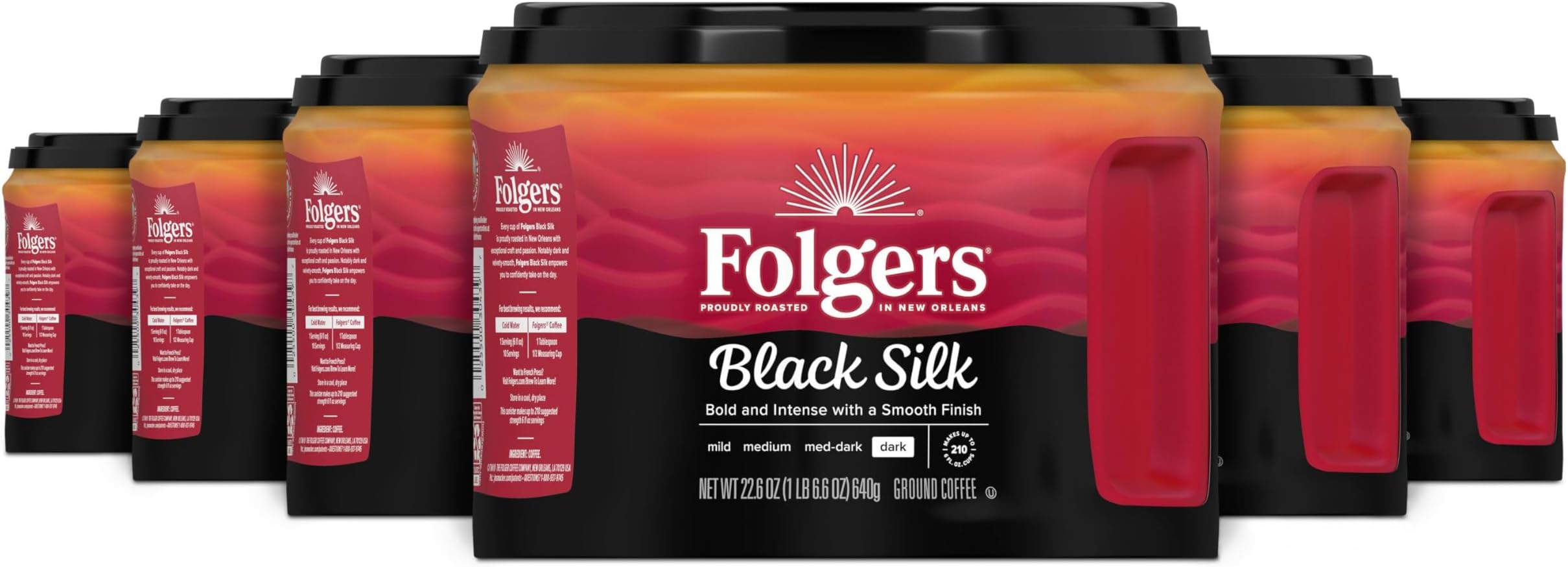 Folgers Black Silk Ground Coffee, Dark Roast, 22.6 Oz. Canister (Pack of 6)