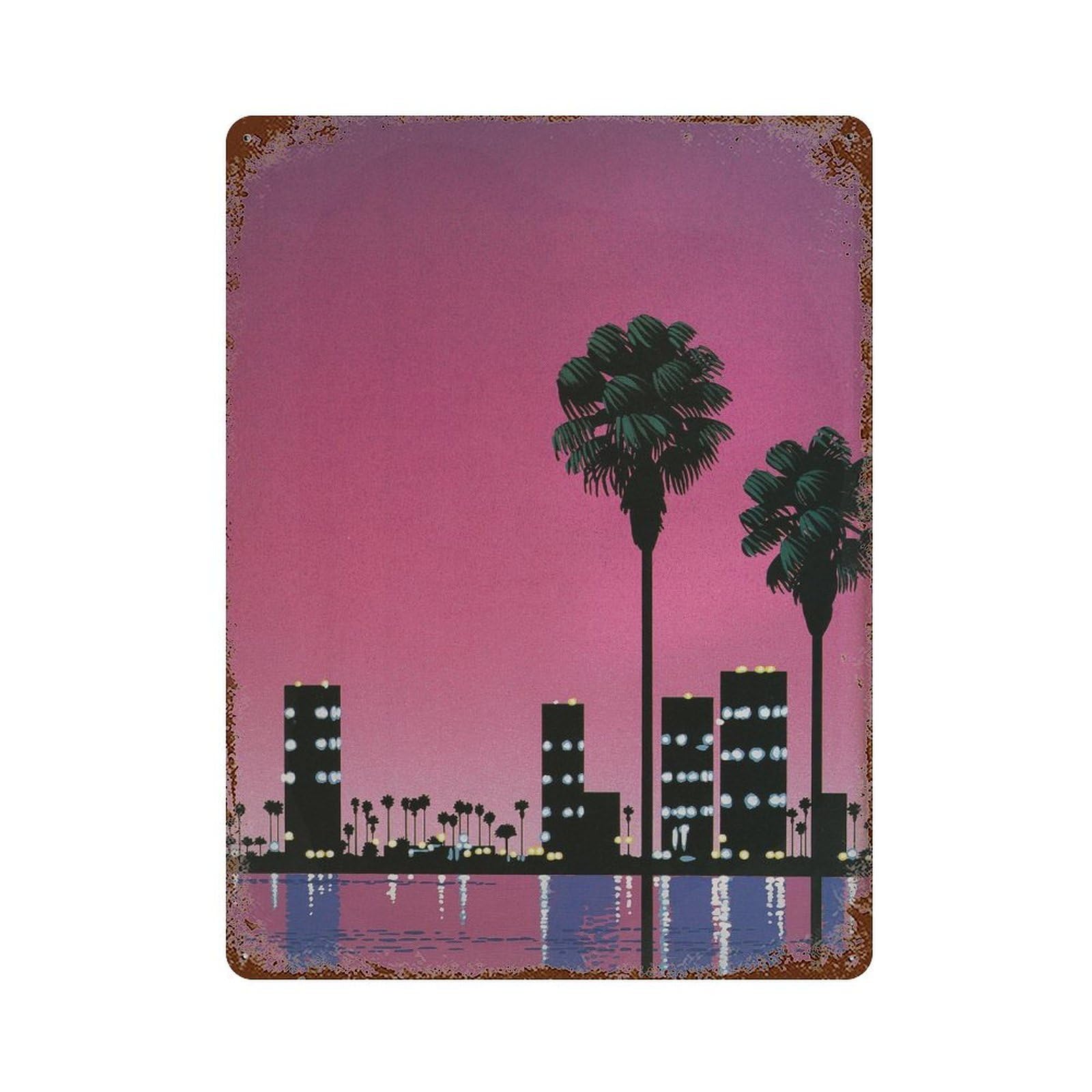 xiaoxiaoshen City Skyline With Palm Trees. Hiroshi Nagai Japanese Pop Wall Decor Art Metal Tin Poster Modern Home Decor Art Home Bar Shop Decorations Vintage Sign 40x30cm