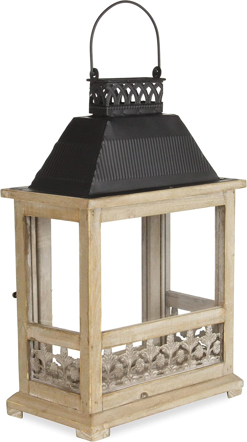 Rectangular Wooden Black Metal Top and Galvanized Accent Decorative Lantern, Brown