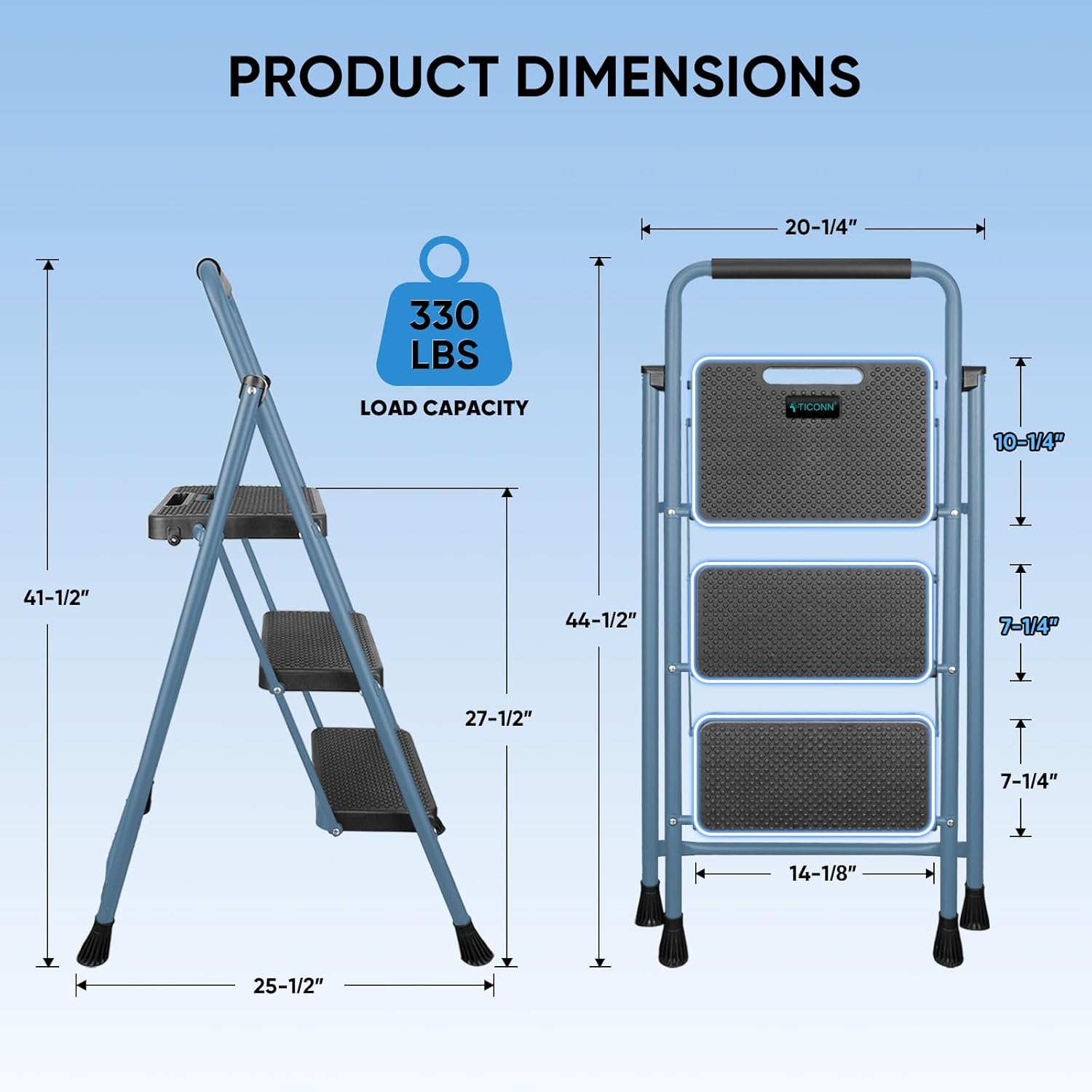 TICONN 3 Step Ladder, Heavy Duty Foldable Step Stool, Portable Steel Folding Stool for Household Garage Storage (Blue)