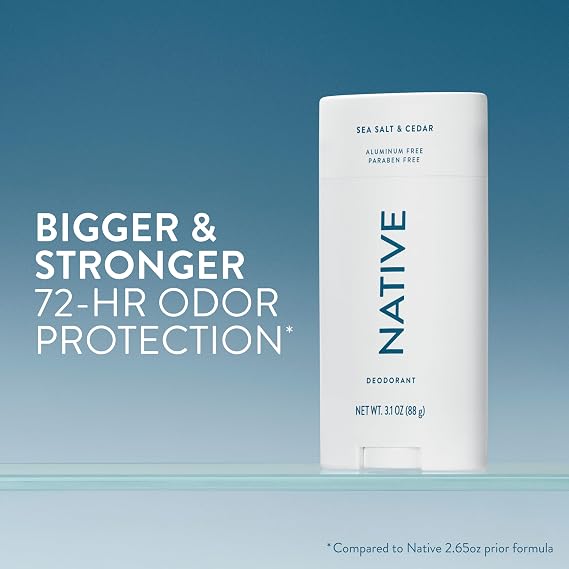 Native Aluminum Free Deodorant, Sea Salt & Cedar, Large Size Stick, 72 Hour Odor Control, for Women & Men, Contains Naturally Derived Ingredients, 3.1 oz