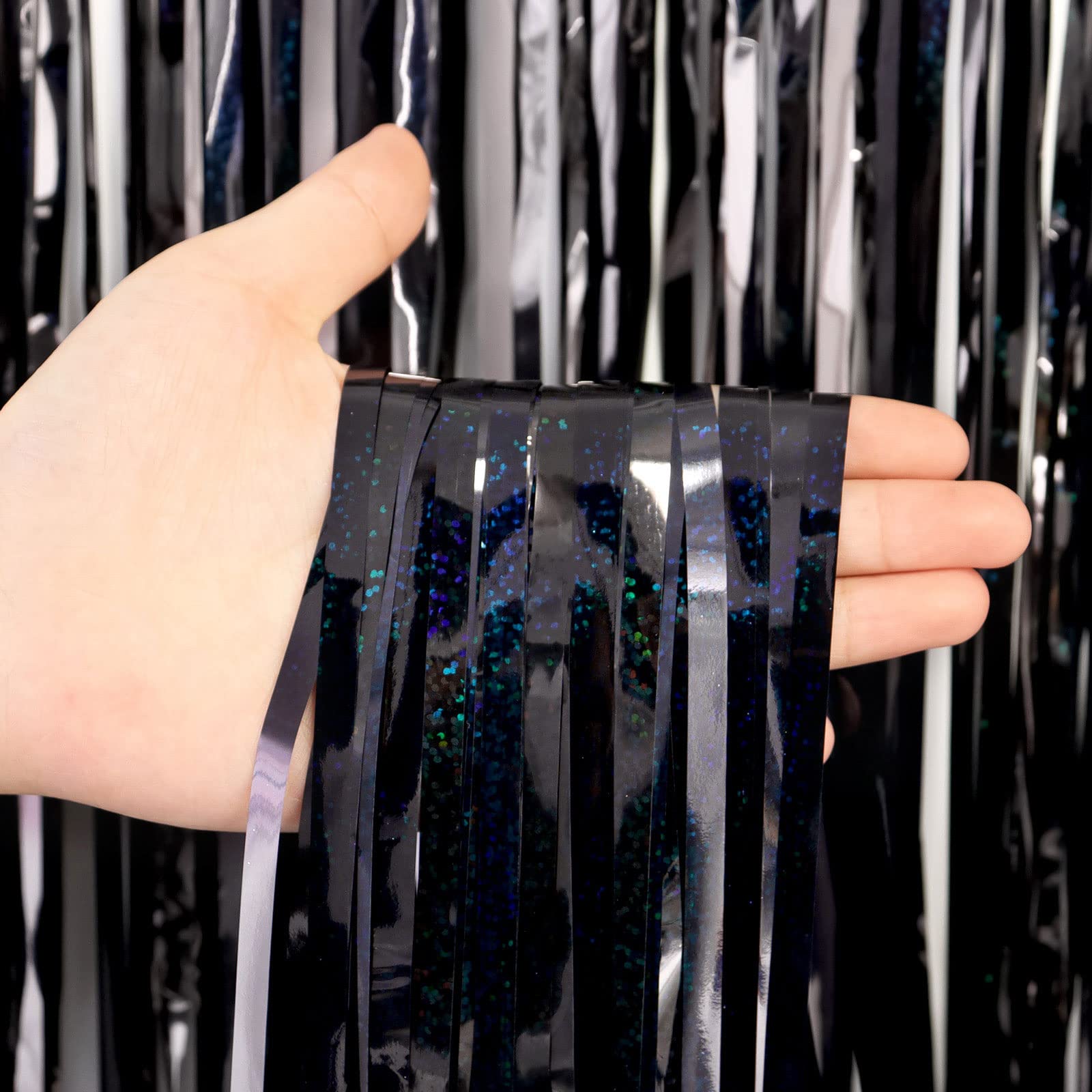 Folia błyskotliwa z frędzlami, 2 szt., Boże Narodzenie, 9 x 20 cm, metaliczne tło, zasłona imprezowa, serpentyna, czarne błyszczące tła do dekoracji imprezowych, na urodziny, ślub, wieczór panieński,