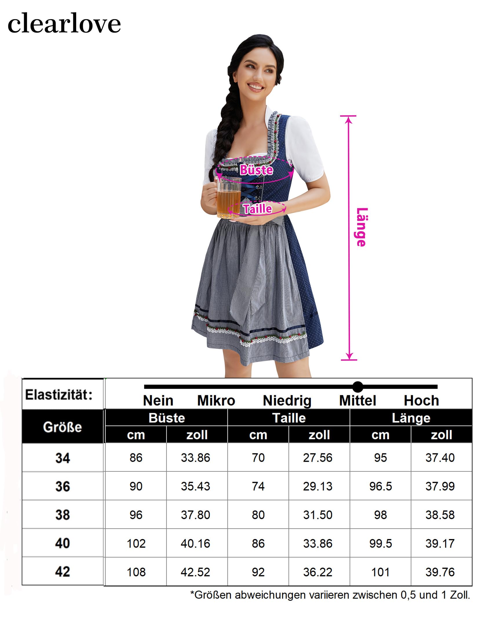 Clearlove damska sukienka midi typu Dirndl, na Oktoberfest, karnawał, trzy elementy: sukienka, bluzka, fartuch (opakowanie wielokrotnego użytku)., M