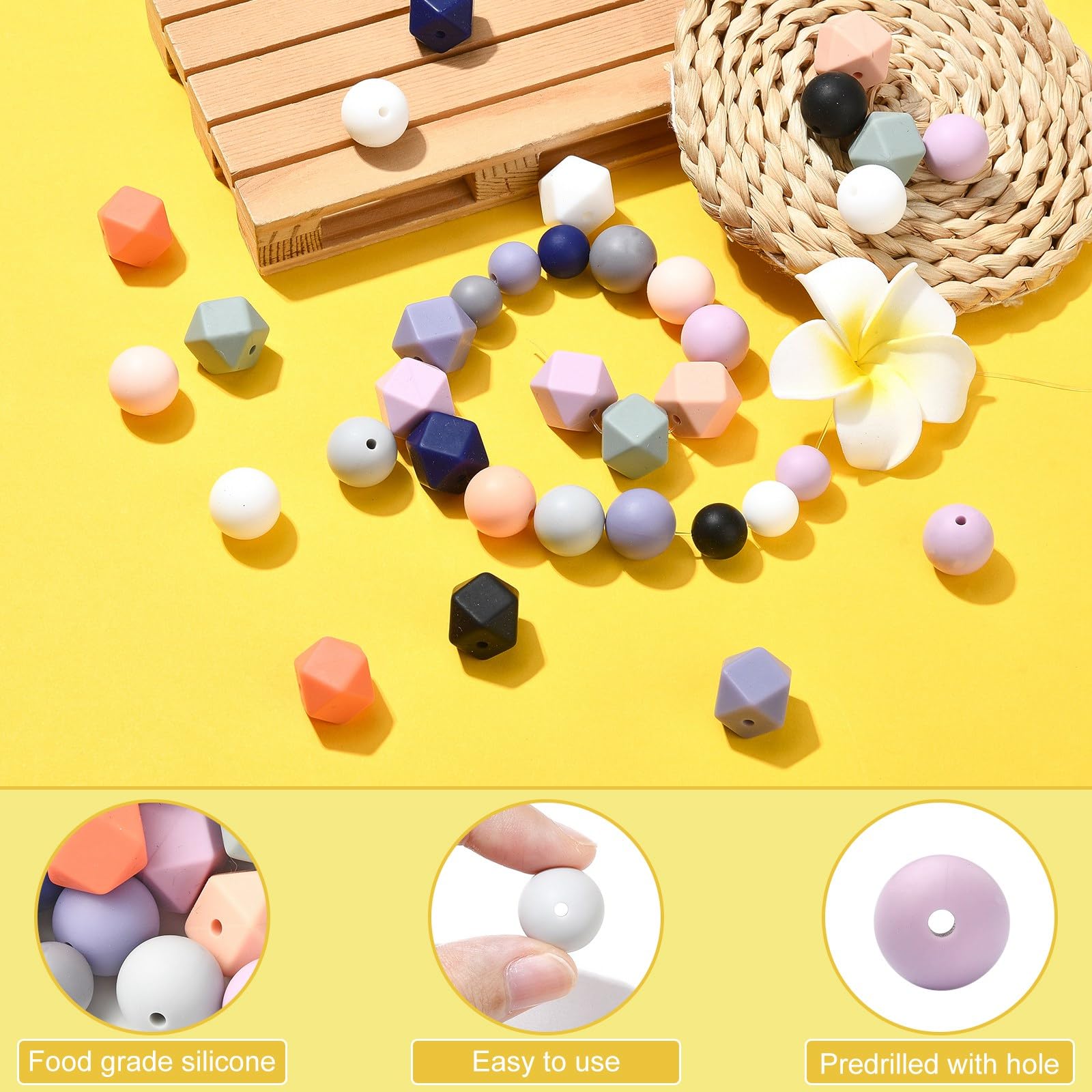 UR URLIFEHALL 100 Pcs Silicone Beads Kit Round Hexagon Beads with Tassel Lobster Clasps Keyrings Elastic Cord for DIY Jewellery Crafts Keychain - Image 4