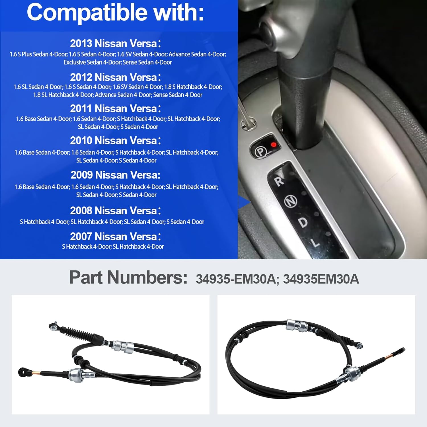 Automatic Transmission Shift Control Cable Compatible with Nissan Versa 2007 2008 2009 2010 2011 2012 2013 Part Numbers 34935-EM30A 34935EM30A