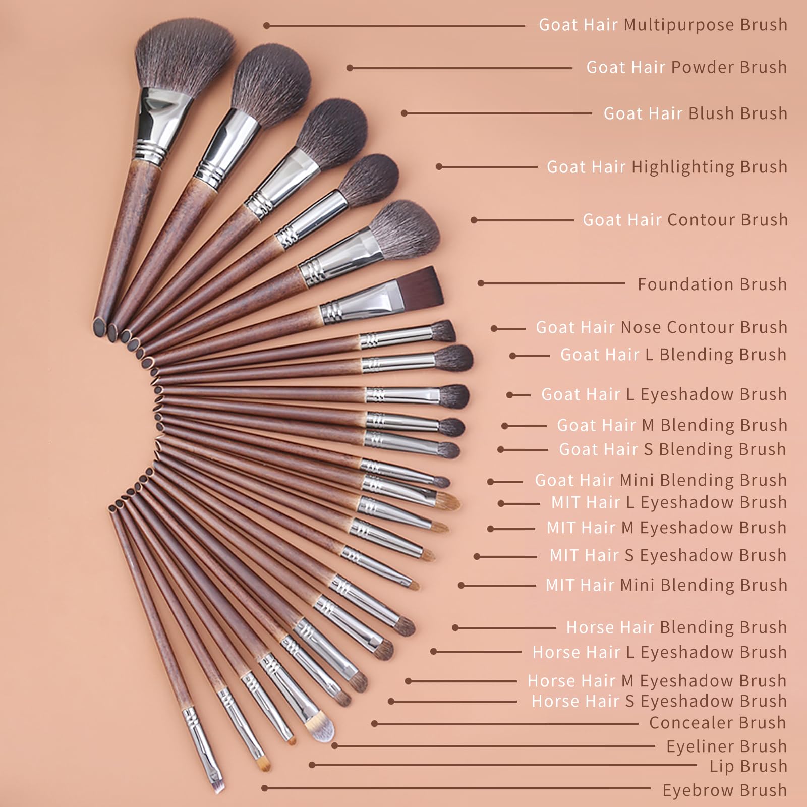 ENZO KEN Deluxe Natural Goat Hair Makeup Brush Set including Case, Makeup Brushes Set Professional, 24 Cosmetic Brushes - Image 3