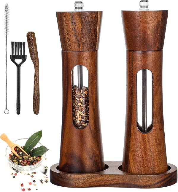 Set de Molinillos de Sal y Pimienta, 8 Pulgadas de Madera Sal y Pimienta Molinillos | Madera, Manual Recargable, con Cepillo, Bandeja y Cuchara, Grosor Ajustable, Madera Sólida, con Núcleo de Cerámica y Acero Inoxidable