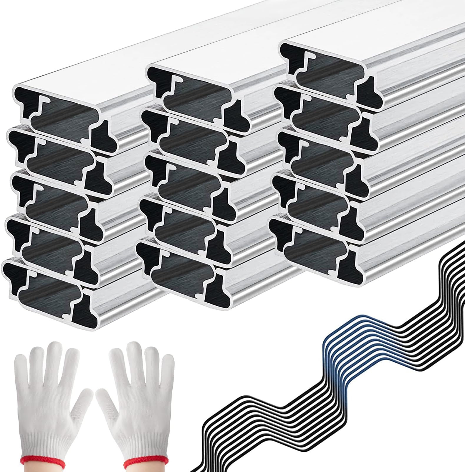 Greenhouse Spring Wire & Lock Channel - 30 Sets 6.6 ft PVC Coated Spring Wire & Aluminum Alloy U-Channel Bundle with Nylon Gloves for Fast Fix Poly Film Shade Cloth
