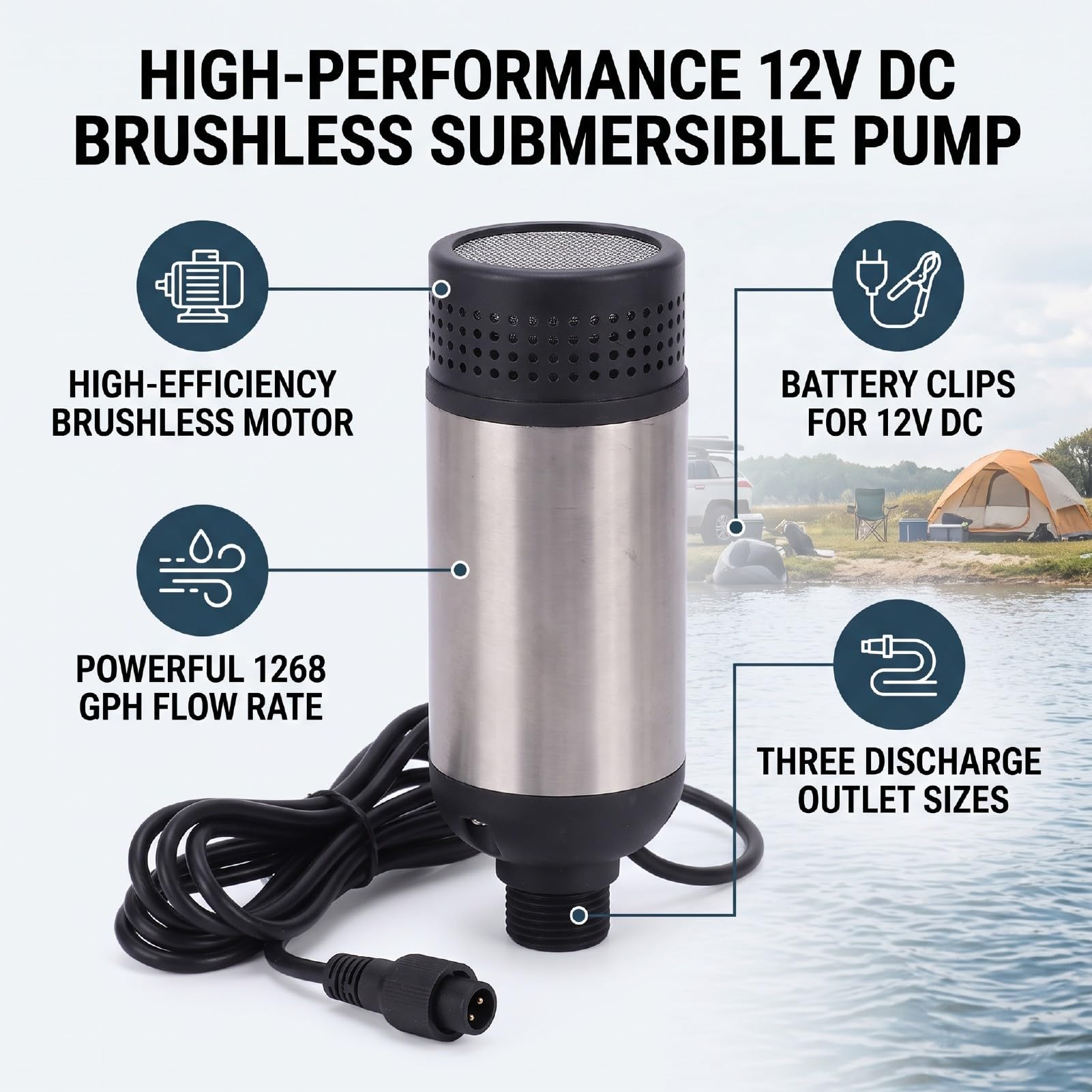 Bomba de Agua Sumergible 1268 GPH 12V Bomba de Aguas Residuales