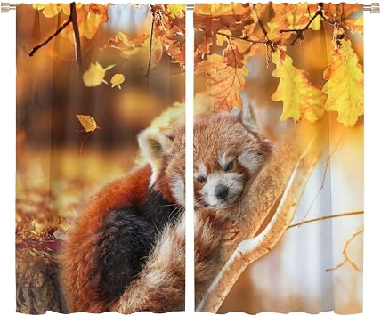 Brebasf Cute Animal Red Panda Curtains for Living Room Vintage Autumn Falling Maple Leaves Red Panda Wild Bear Cabin Thermal Insulated Rod Pocket Blackout Curtains/Drapes 2 Panels 63" L x 36" W