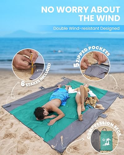 Miniatura 7 de POPCHOSE Beach Blanket Beach Blanket Waterproof Sandproof Extra Large Sandproof Beach Blanket for 4-7 Adults Waterproof Picnic Blanket with 6 Stakes