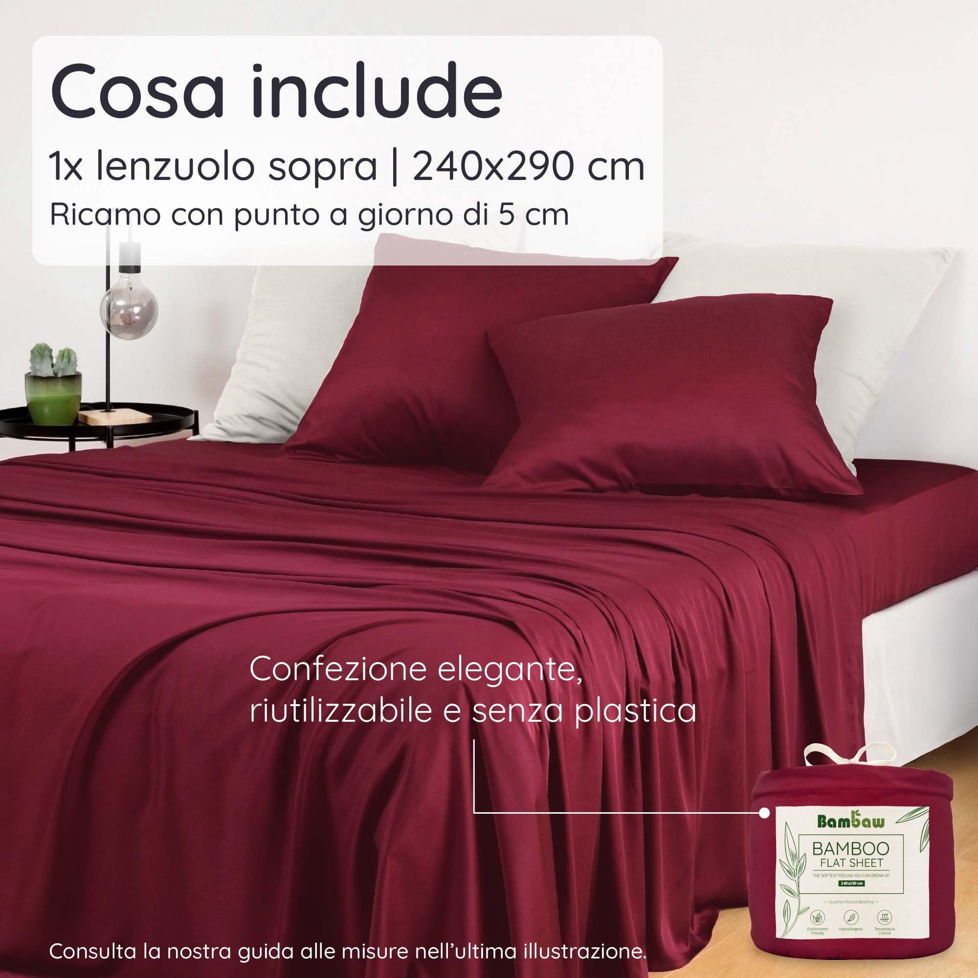 Bambaw Lenzuolo matrimoniale sopra bambu, 240x290 cm, Lenzuola effetto freddo, Lenzuolo senza angoli anti acari e anallergico, Lenzuola rinfrescanti matrimoniali, Certificato OEKO-TEX® (Bordeaux)