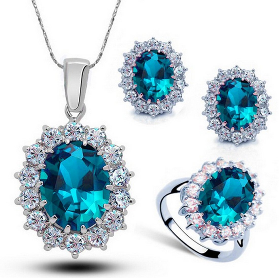 MAFMO Luxury Crystal Jewelry Set Women Colorful Oval Shaped Necklace Stud Earrings Ring for Gift