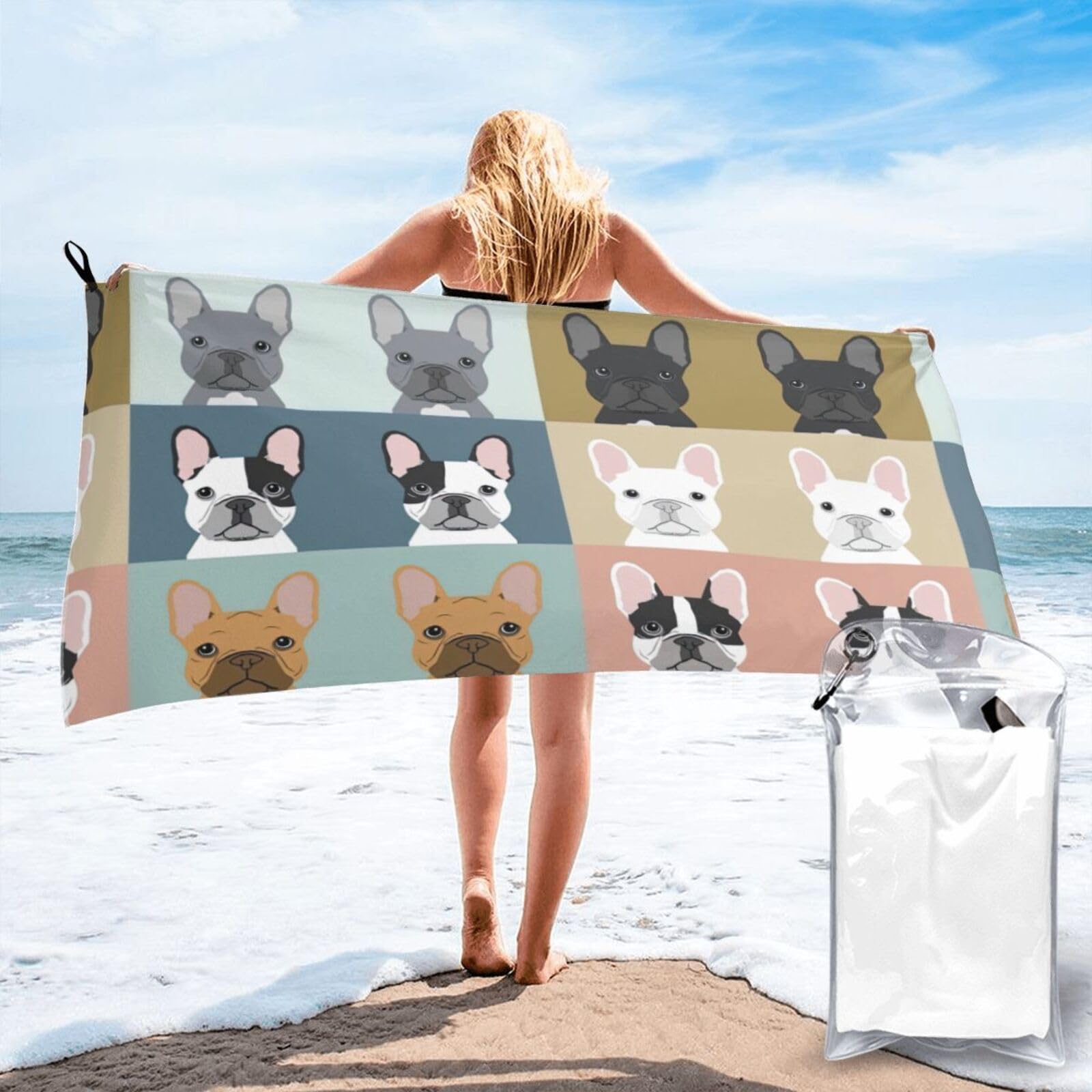 WYCZHY French Bulldog Print Beach Towel Soft Quick Dry For Spa Pool Gym Vacation Travelers Women Men Adults Sauna Gift