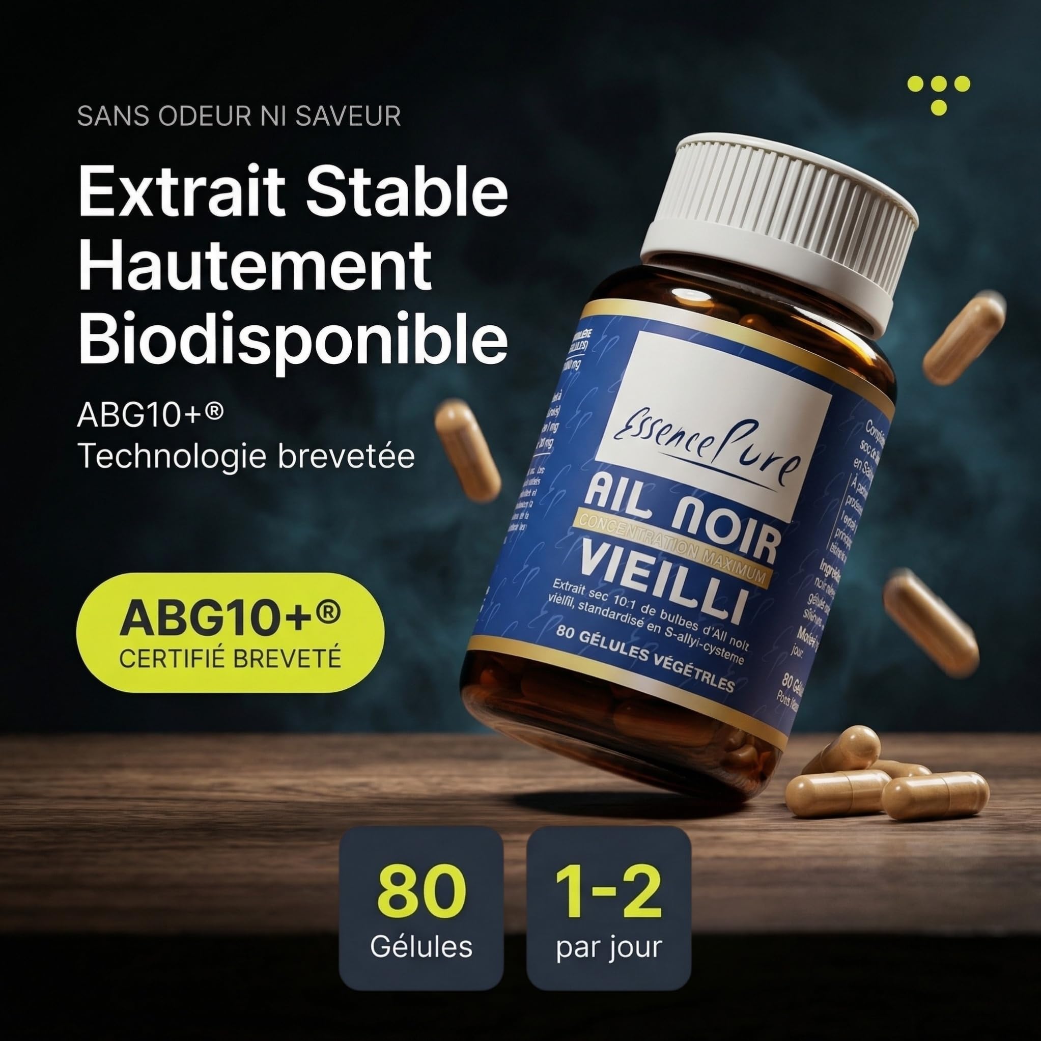 Ail Noir Fermenté 10x Concentré | Extrait d'Ail Noir Vieilli – Standardisé en S-allyl-cystéine | Cœur & Cholestérol | Sans Arrière-Goût | 80 Gélules Vegan | Essence Pure Api-Nature
