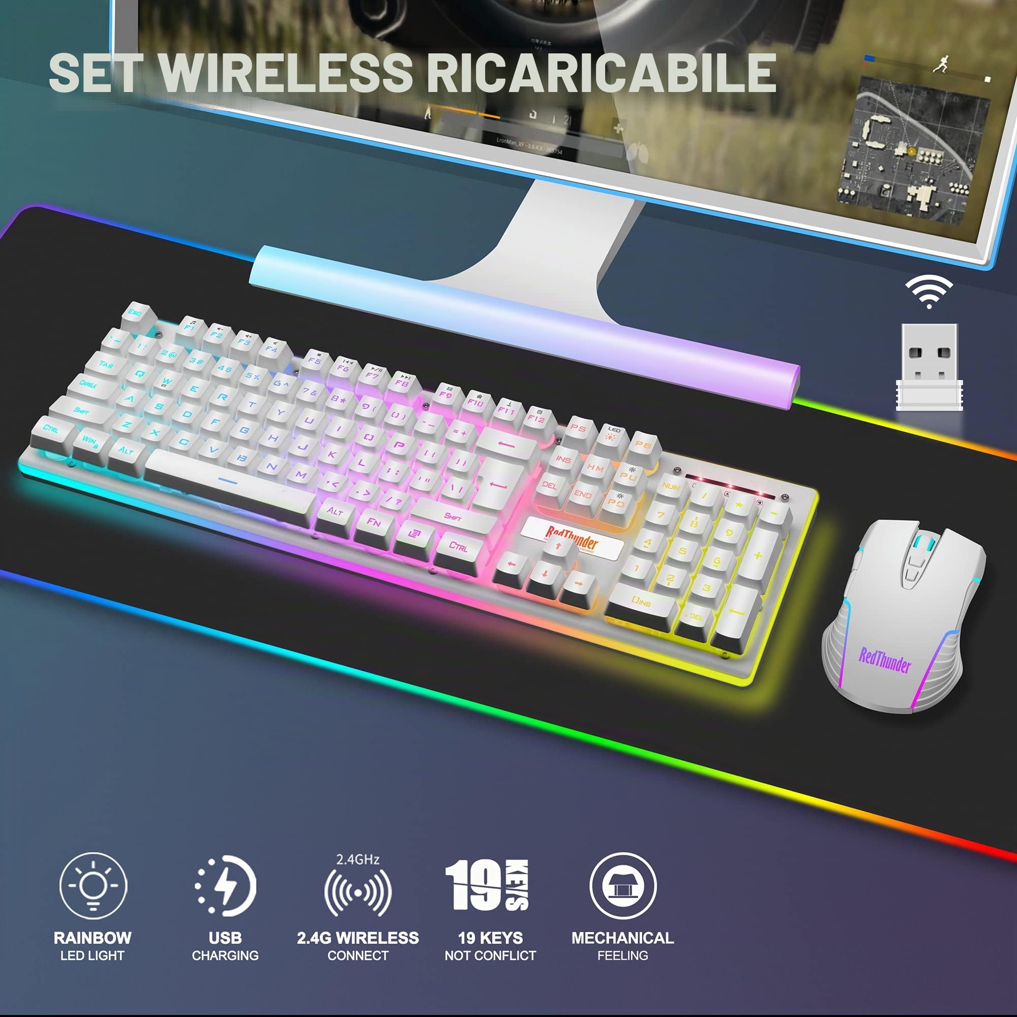 RedThunder K10 - Tastiera e mouse wireless da gioco, batteria ricaricabile con retroilluminazione a LED da 3800 mAh, tastiera meccanica con layout inglese + mouse 7D 3200DPI per PC gamer (bianco)