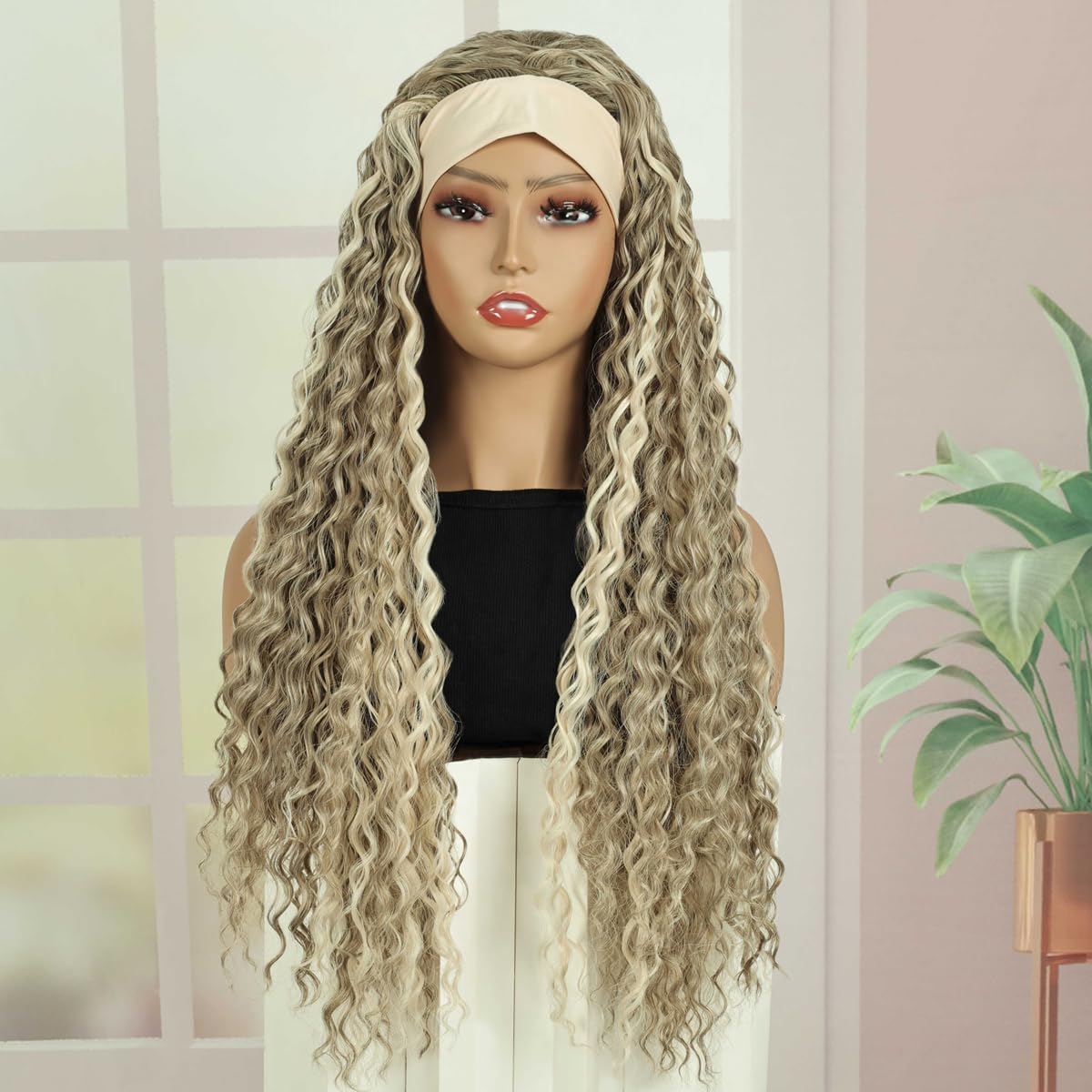Creamily Glueless Headband Wig Long Blonde Curly Headband Wigs for Black Women Synthetic Natural Looking Curly Wavy Wig Heat Resistant 180% Density (28 inch - Image 3