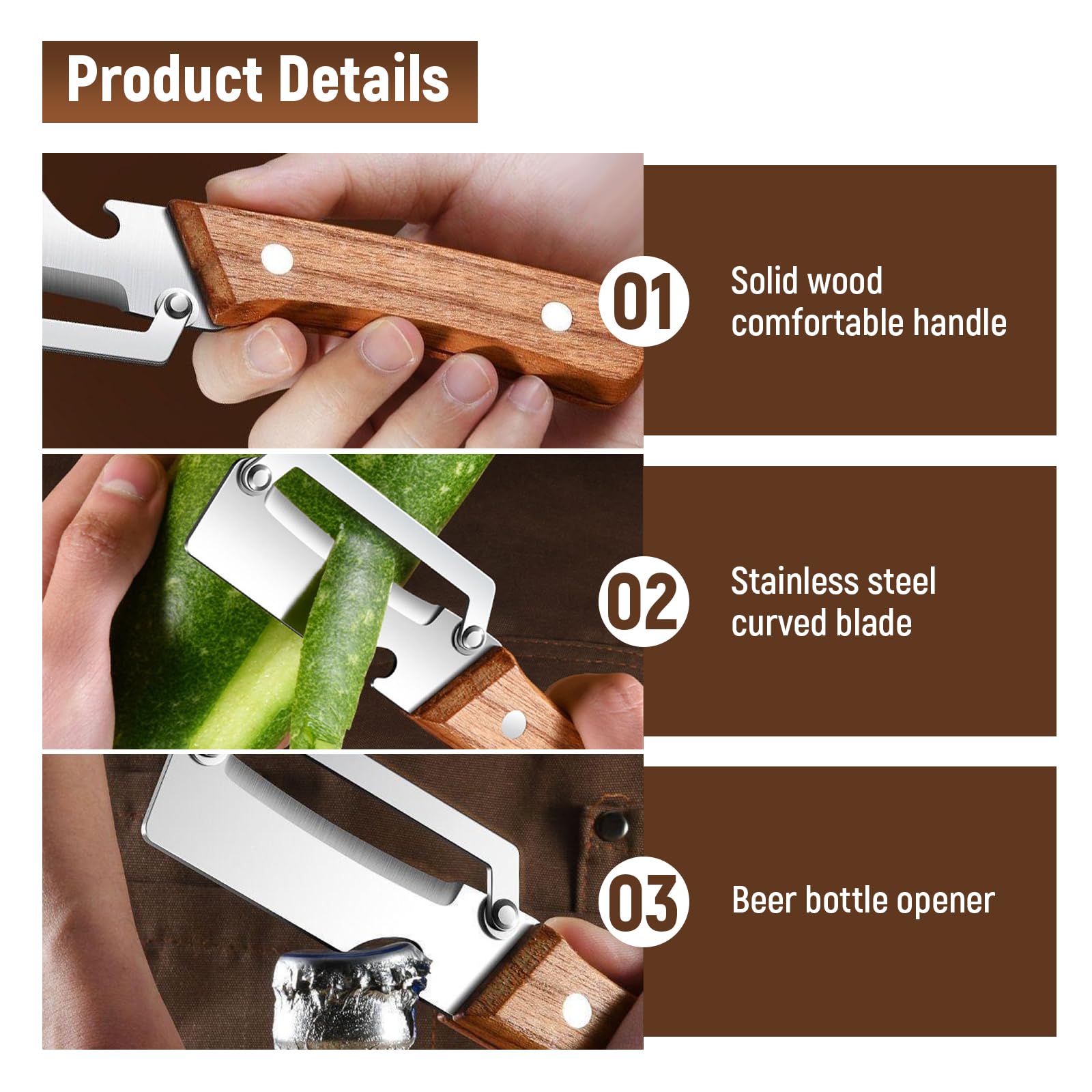 2PC Multi-Functional Vegetable Peeler for Kitchen,Vegetable Peeler Wooden Handle,2-in-1 Stainless Steel Fruit & Vegetable Peelers with Bottle Opener for Potato Pineapple — view 4