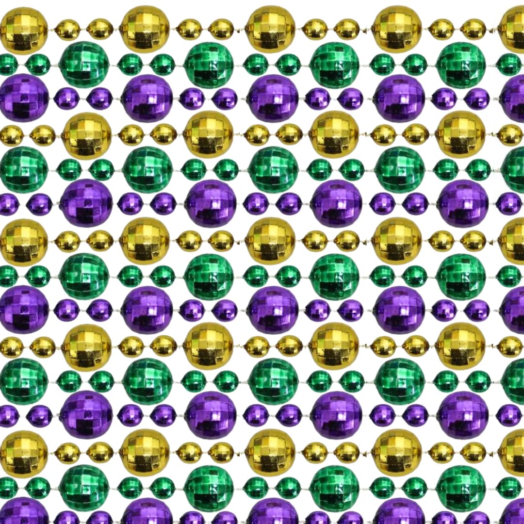 60" 20mm-10mm-10mm Globe Metallic Purple, Gold and Green Mardi Gras Beads Dozen (12 Necklaces)