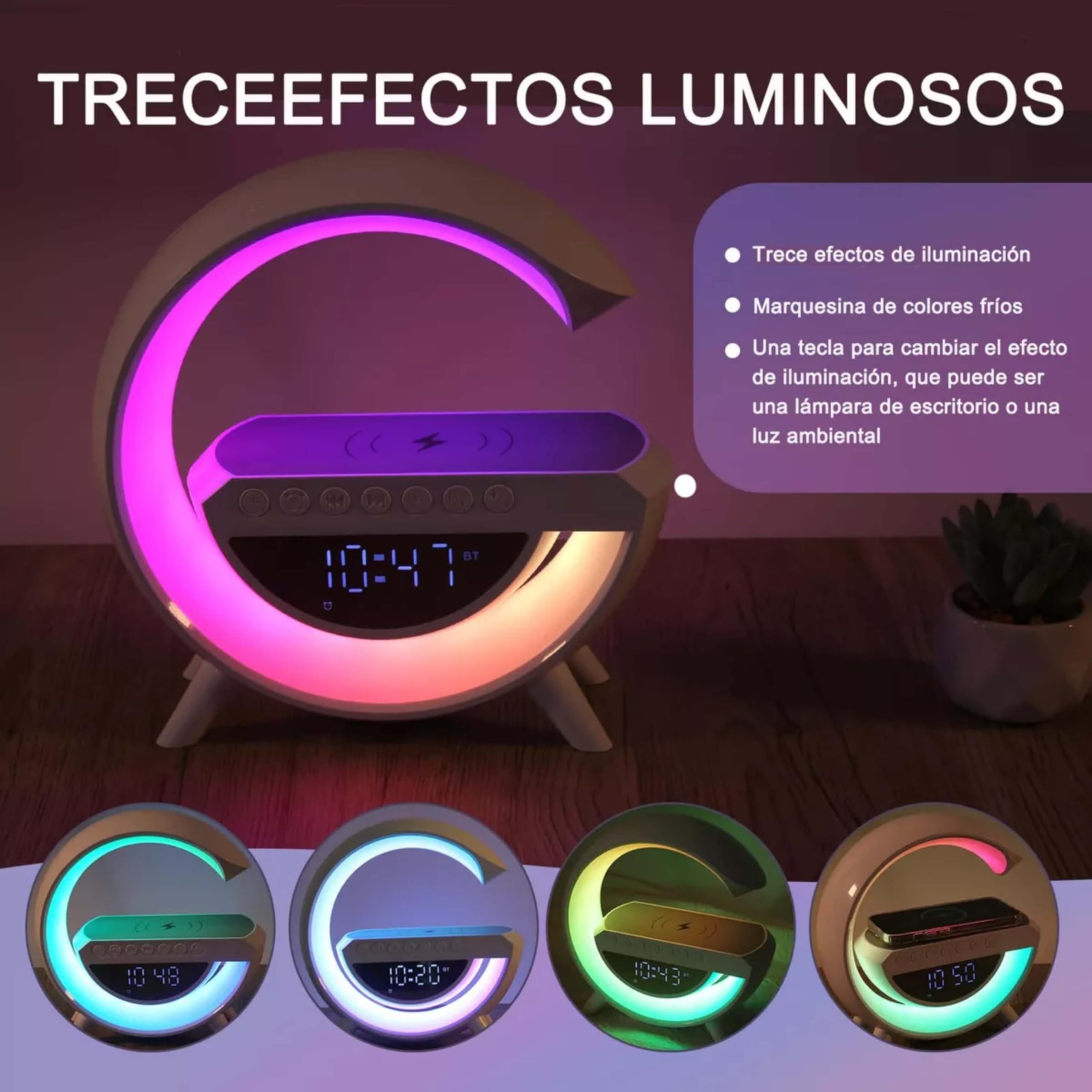 Altavoz Inteligente Sandalfon con Cargador Teléfono Inalámbrica, Bluetooth, Reloj Despertador con Luz, Lampara de Mesa LED Sincronización de Música 5 in 1, Dormitorio, Habitación, Oficina , Regalos