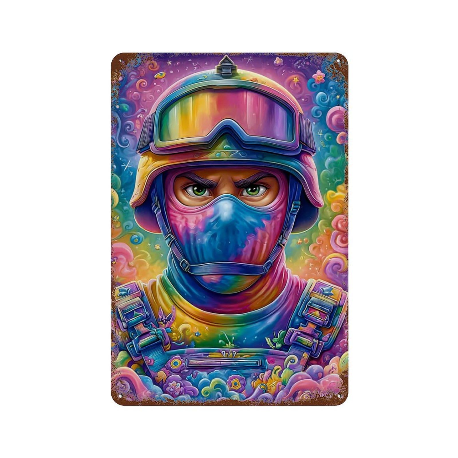 Garage Style Colorful Soldier Artwork Rustic Tin Plaque 11.8"x7.9", Vintage Wall Decor for Bar And Workshop
