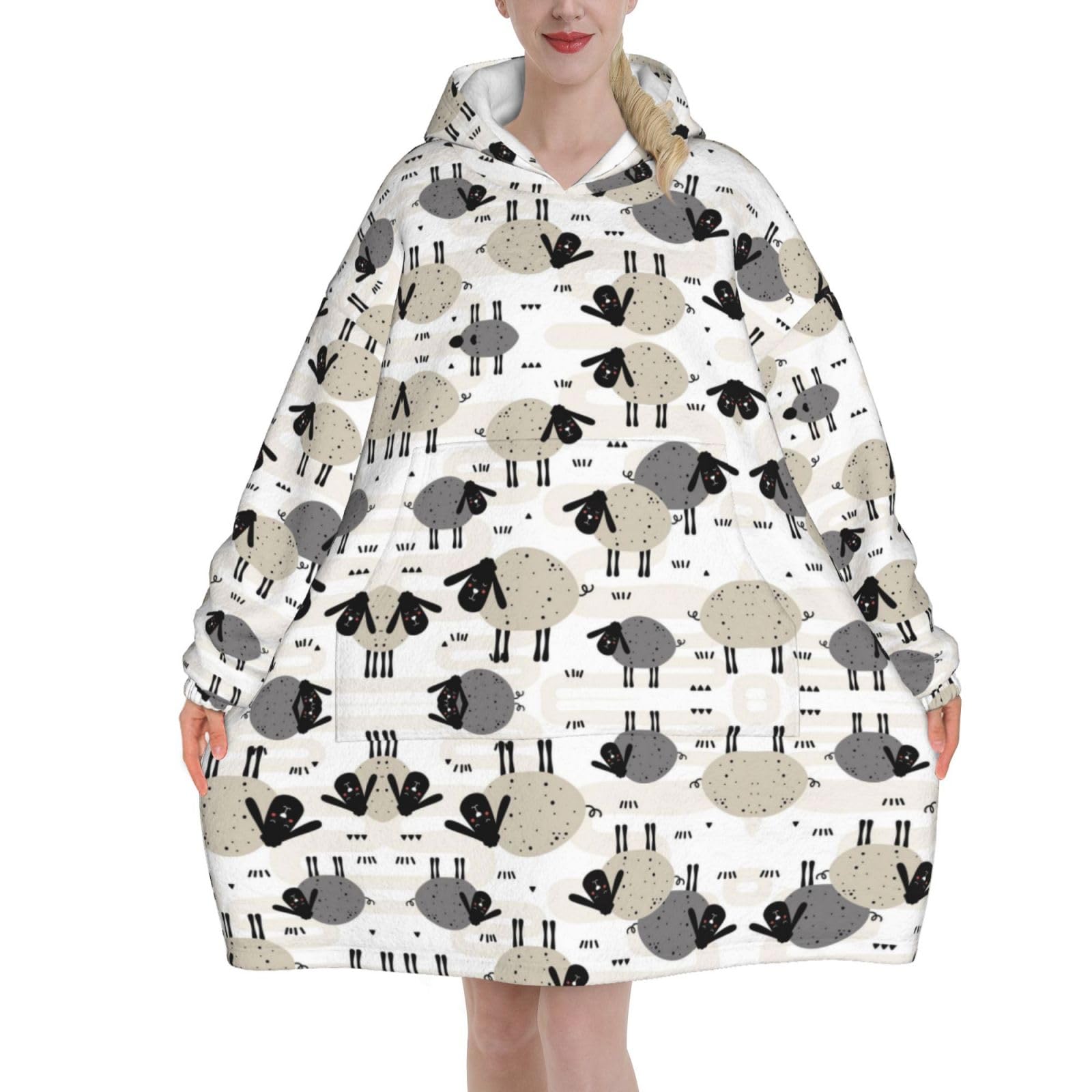 Sheeps,Women's Oversized Wearable Blanket Hoodie, Blanket Sweatshirt,Flannel Pullover Blanket