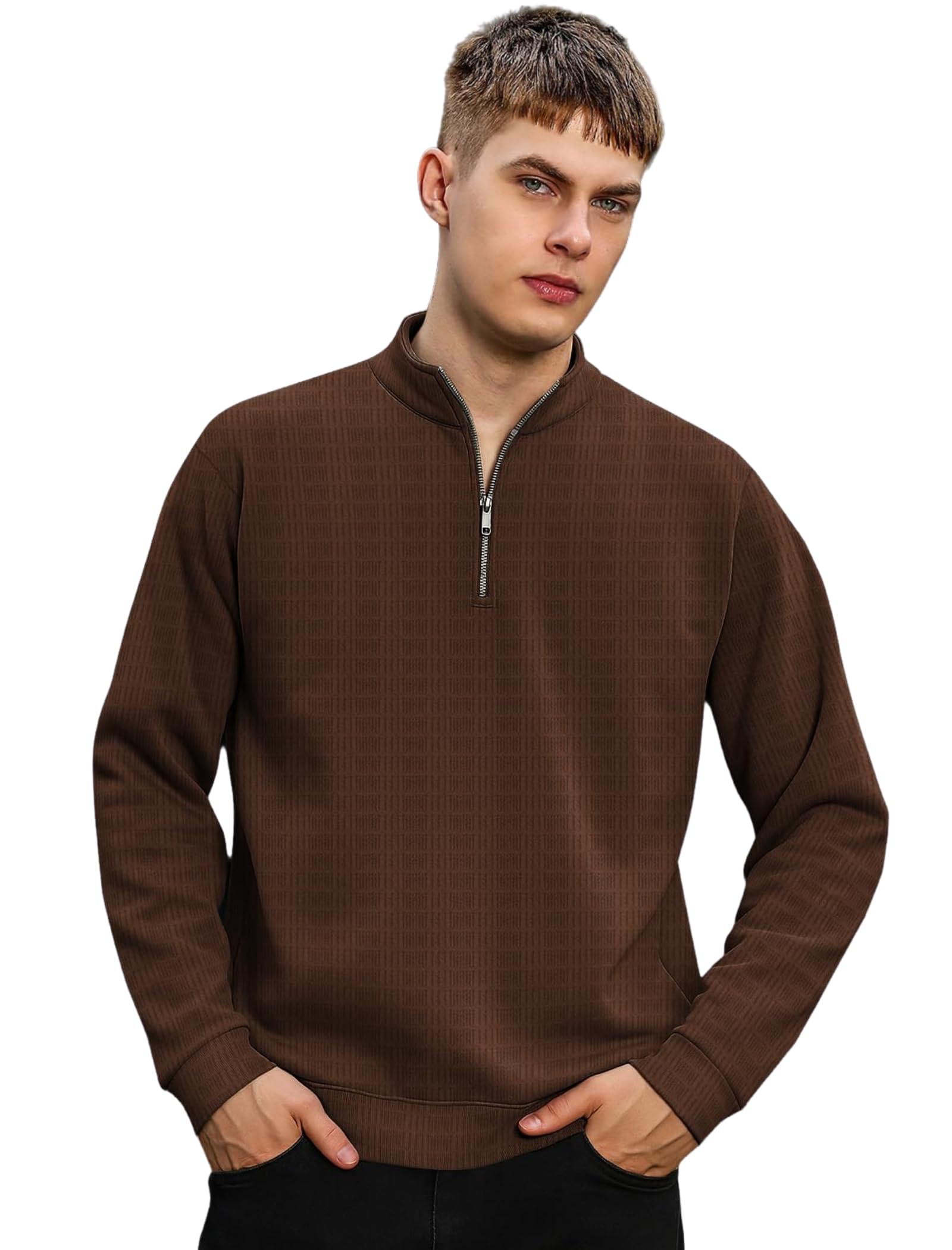 avix Men's Quarter Zip Pullover Sweatshirt, Black Textured Ribbed Knit, Long Sleeve Casual Top-picture-35