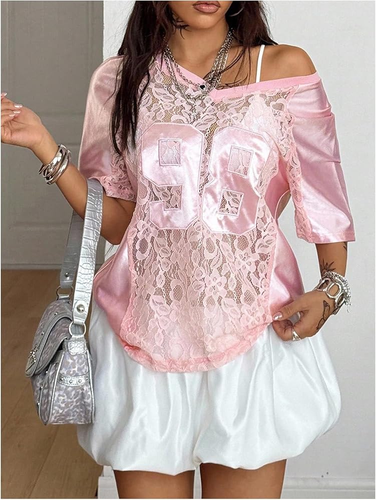 MakeMeChic Lace Jersey Shirts for Women V Neck Letter Graphic Tee