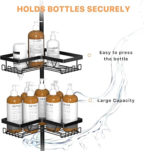 Miniatura 4 de KEGII Organizador de ducha esquinero, organizador de ducha con poste de tensión de 6 niveles, estante esquinero de pie negro para ducha de 25 a