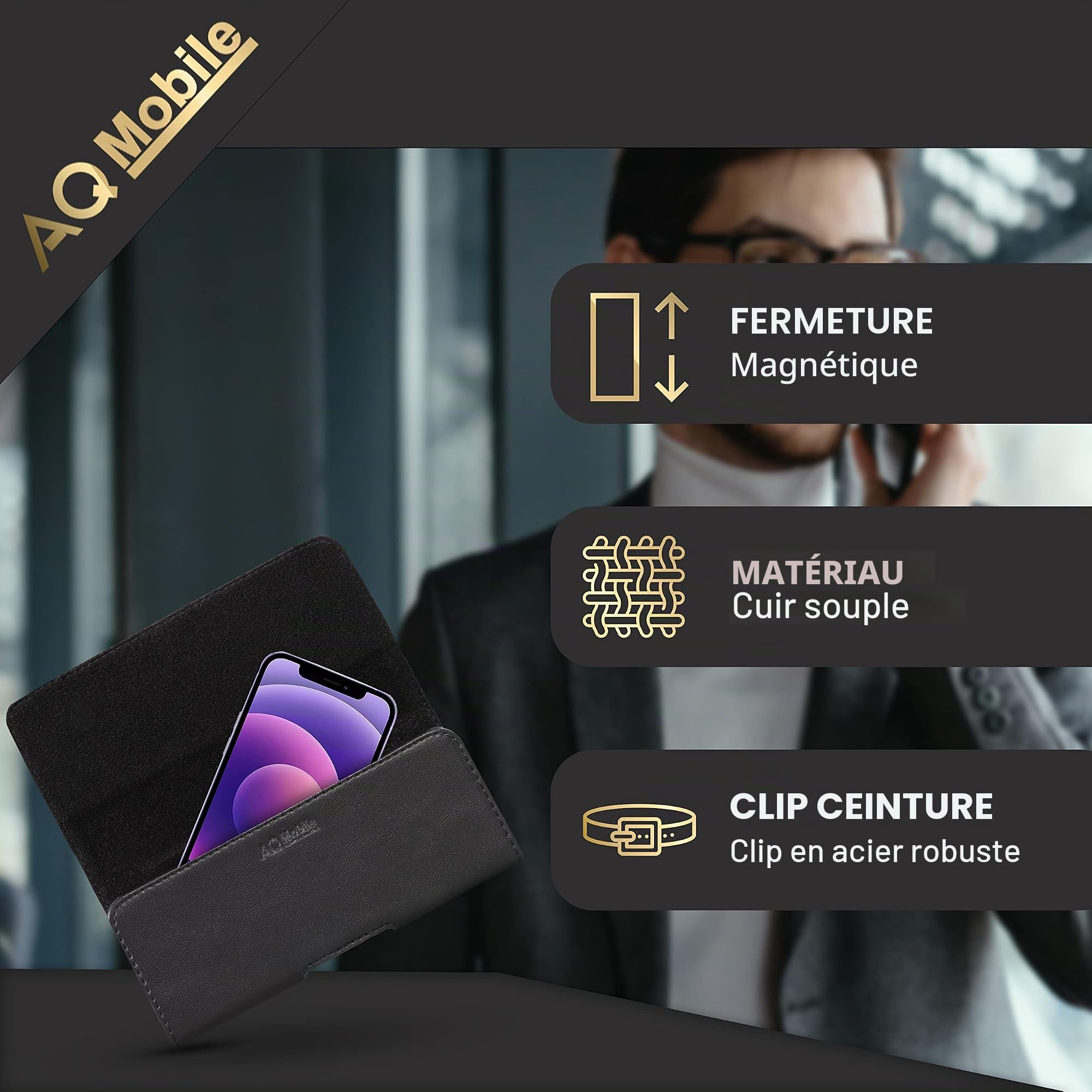 Étui Ceinture pour Apple iPhone 13 / iPhone 13 Pro, Vrai Cuir, Couleur Noir, Clip Ceinture, Horizontal, Fermeture magnétique