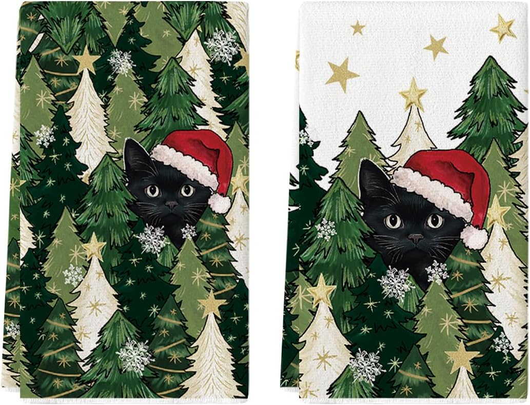 Artoid Mode Black Cat Star Xmas Tree Christmas Kitchen Towels Dish Towels, 18×26 Inch Farmhouse Holiday Winter Decoration Cleaning Set of 2 Artoid Mode Black Cat Star Xmas Tree Christmas Kitchen Towels Dish Towels, 18×26 Inch Farmhouse Holiday Winter Decoration Cleaning Set of 2