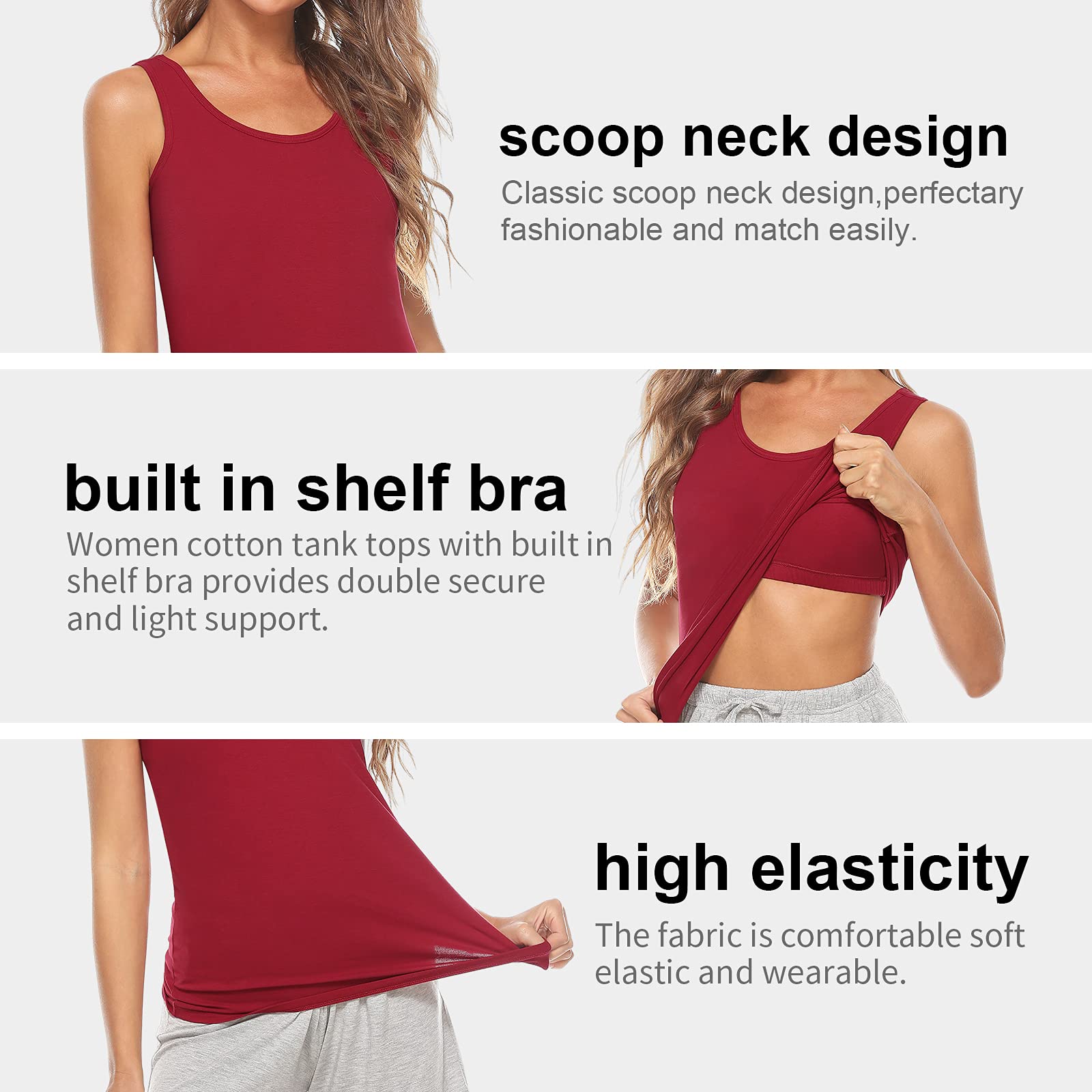 Orrpally Camiseta básica de algodón para mujer, para estante, sostén, sin mangas, 3 unidades, Negro/Azul Oscuro/Rojo Vino, Large