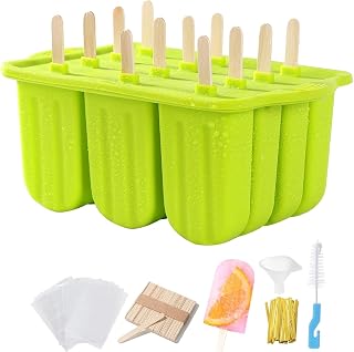 12-Cavity Popsicles Molds Set Homemade Maker Ice Pop Mold Silicone Freezer Molds with 50 Popsicle Sticks 50 Popsicle Bags 50 Ties Funnel Recipes and Cleaning Brush (Green-1)