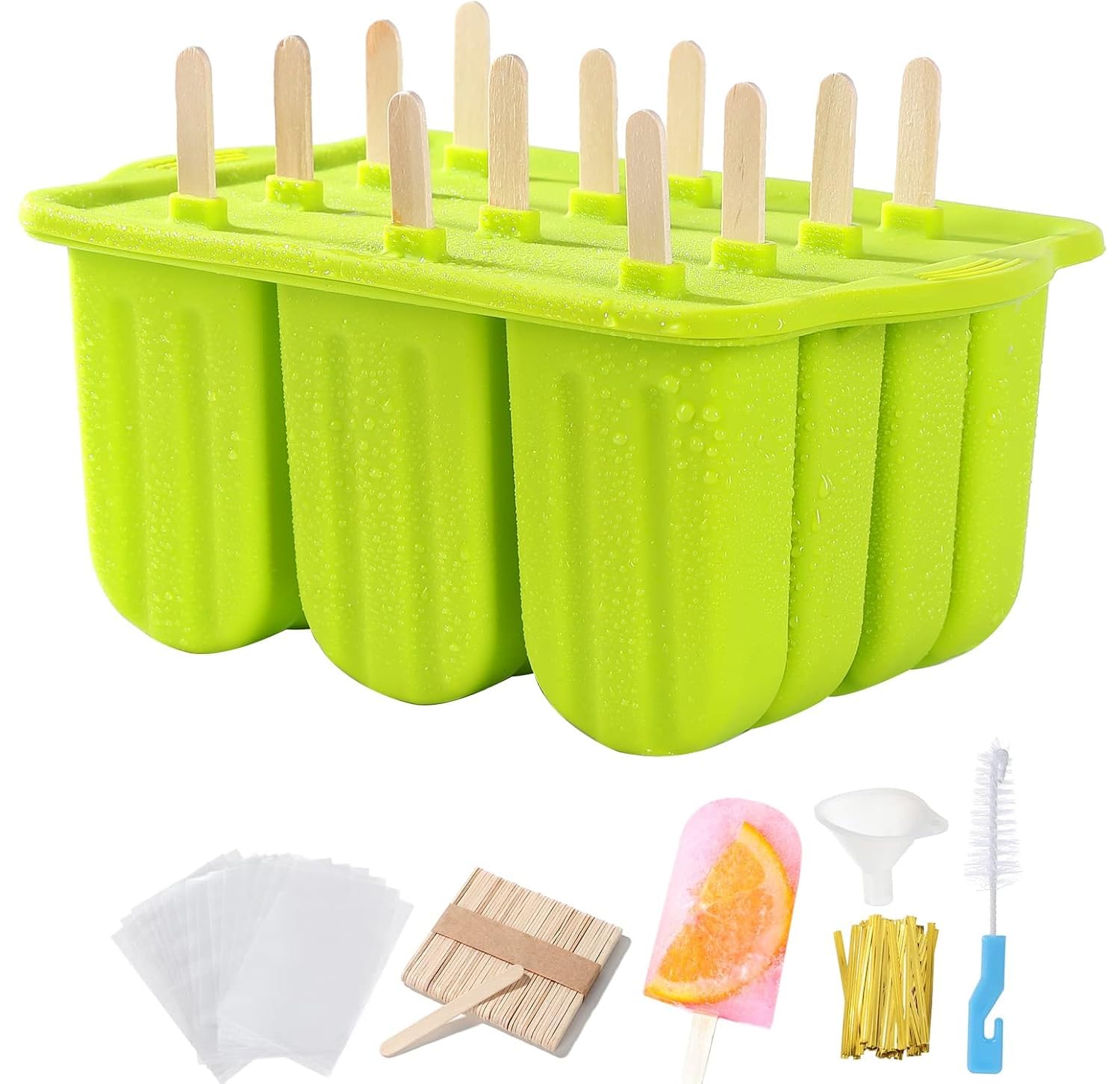 Photo 1 of 12-Cavity Popsicles Molds Set Homemade Maker Ice Pop Mold Silicone Freezer Molds with 50 Popsicle Sticks 50 Popsicle Bags 50 Ties Funnel Recipes and Cleaning Brush (Green-1)