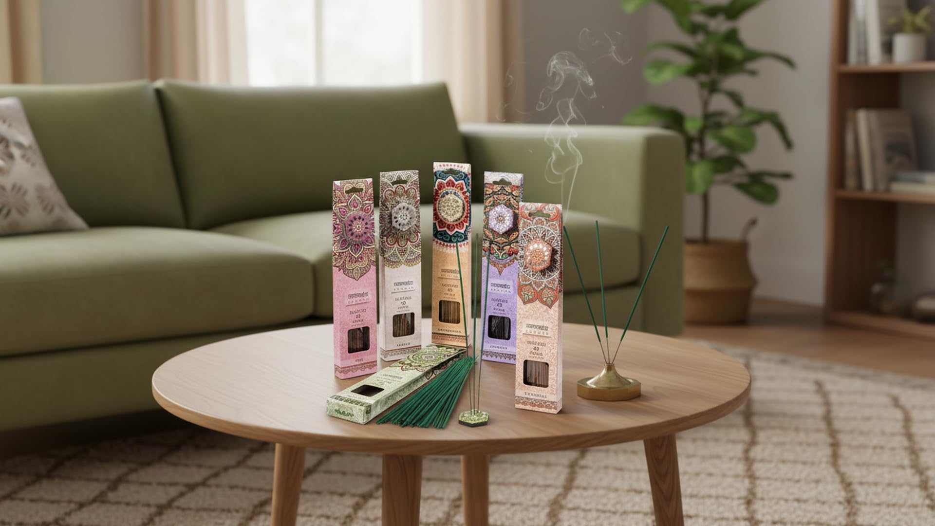 Set di bastoncini di incenso con supporto, 6 confezioni da 40 bastoncini, diversi profumi (rosa, gelsomino, sandalo, lavanda, patchouli, vaniglia), con supporto glitterato