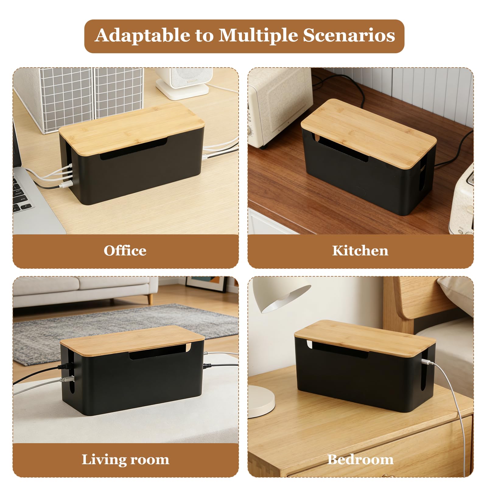 AiQInu Set da 2 Scatola Porta Cavi Nera, Scatola Nascondi Cavi con Coperchio in Legno, Copri Ciabatta Elettrica, Cable Box per Fili Elettrici​ di Prolunga, Prese Multiple e TV