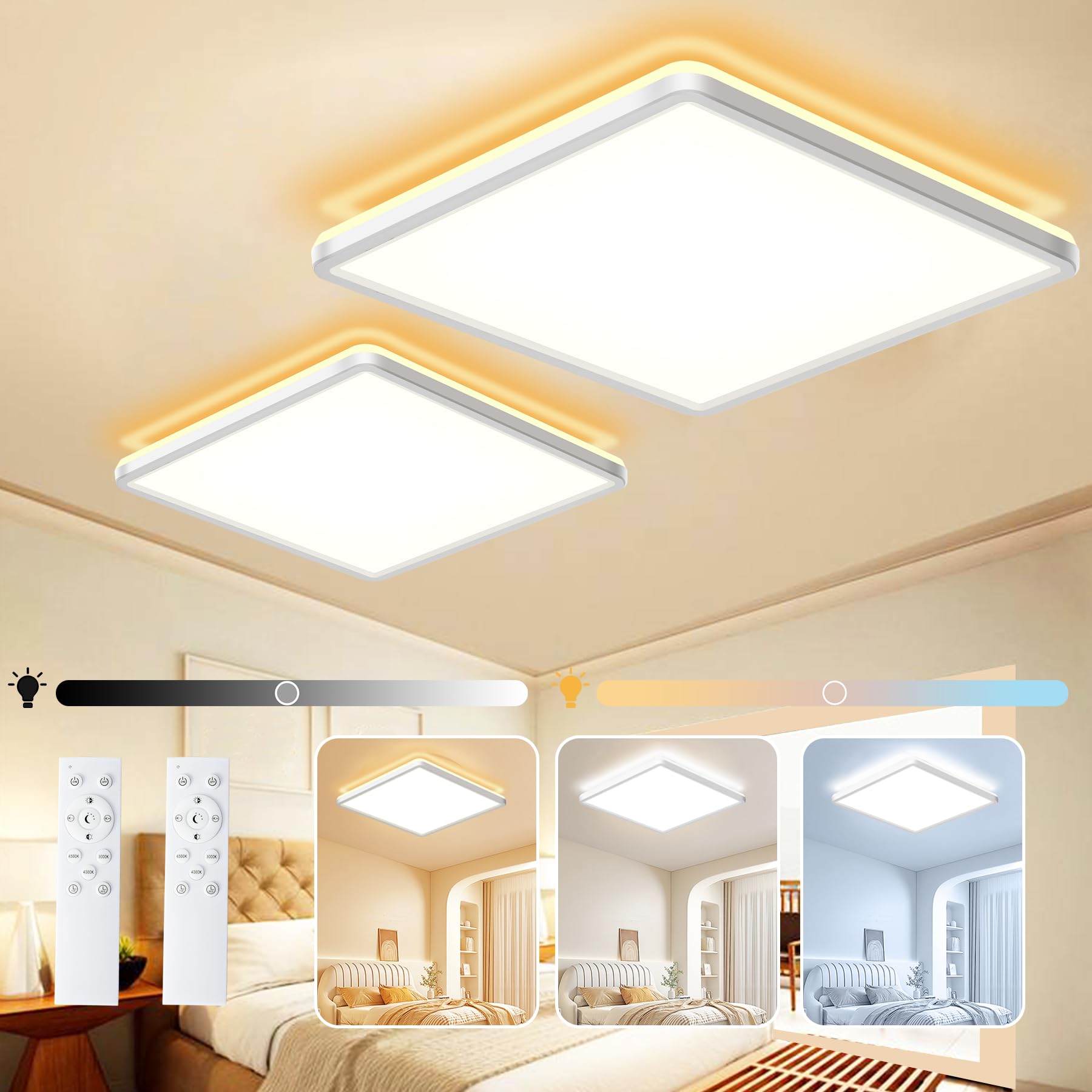 NEEMOSI 24W LED Plafon Led Techo, 3200LM Plafon de Techo Cuadrado Regulable con Mando a Distancia para Dormitorio, Cocina, Salón Balcón (2 Pack, Blanco)